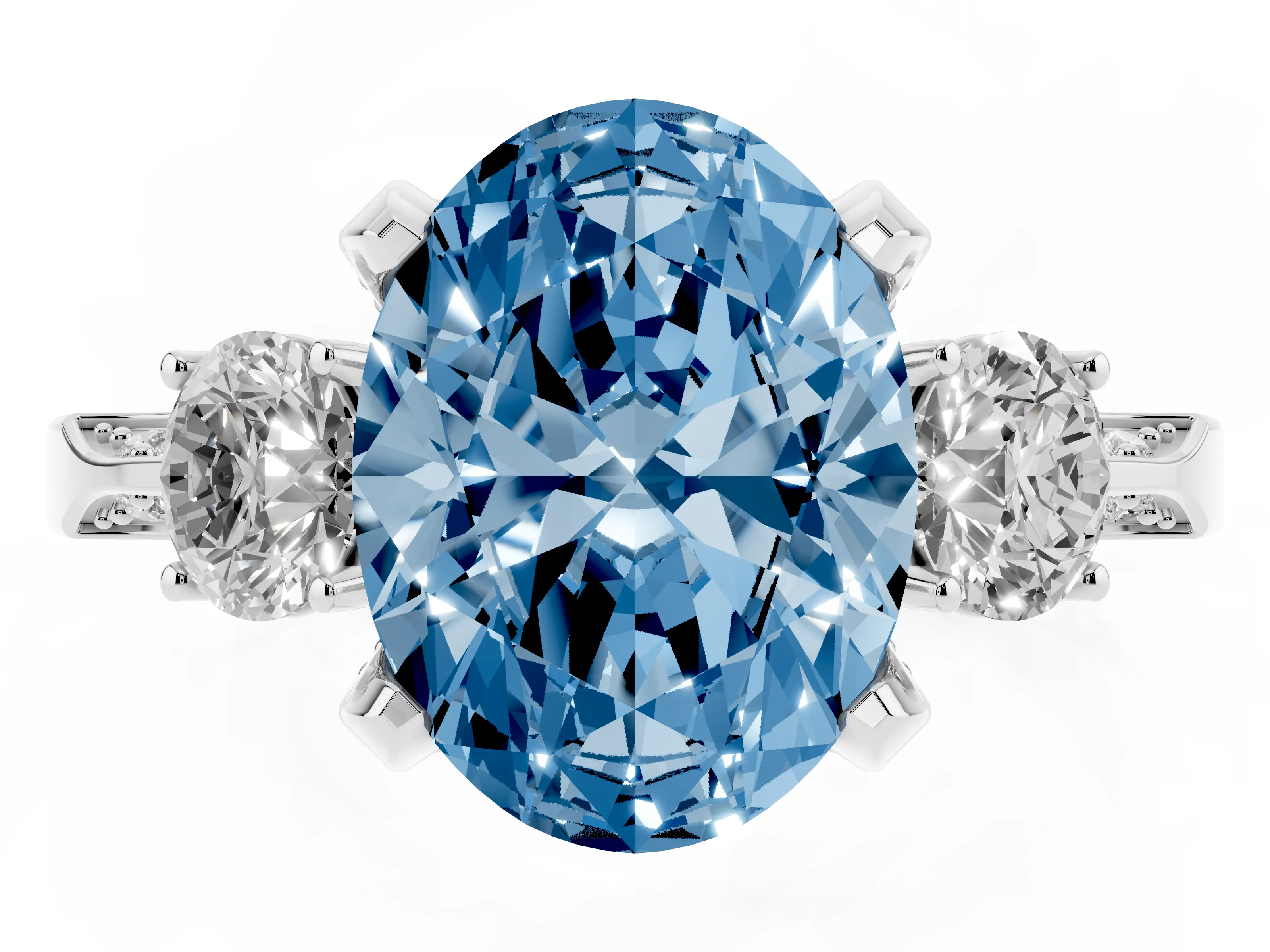 Fancy Blue Oval Cut Diamond Three-Stone Ring Set in White gold with Pavé Band and Smaller Side Stones