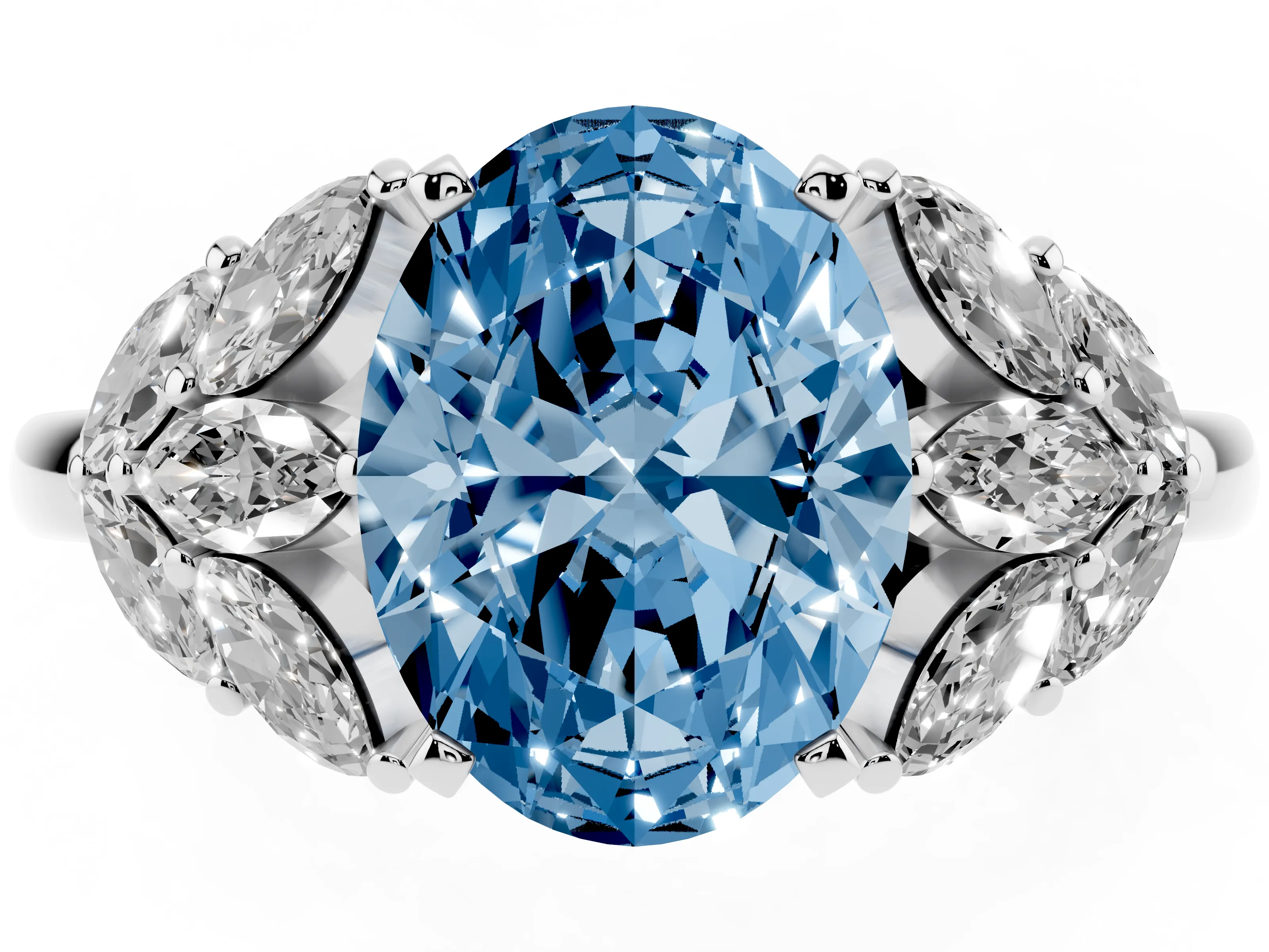 Fancy Blue Oval Cut Diamond Cluster Leaf Design Ring Set in White gold with Prong Setting