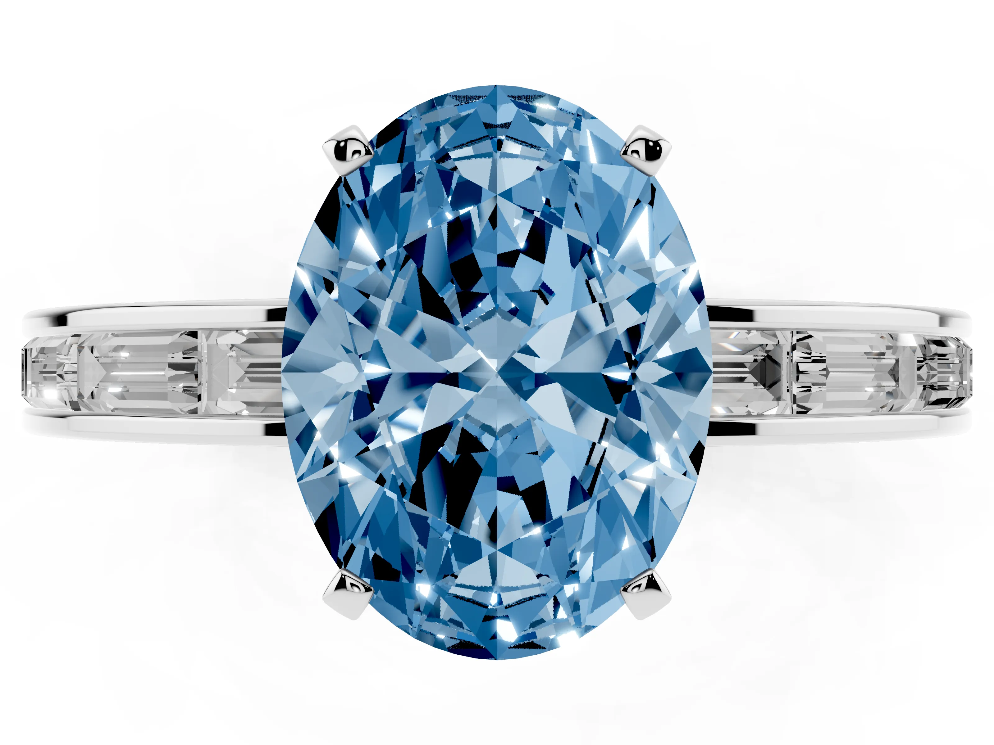 Fancy Blue Oval Cut Diamond Solitaire Ring Set in White gold with Channel-Set Baguette Band and Prong Setting