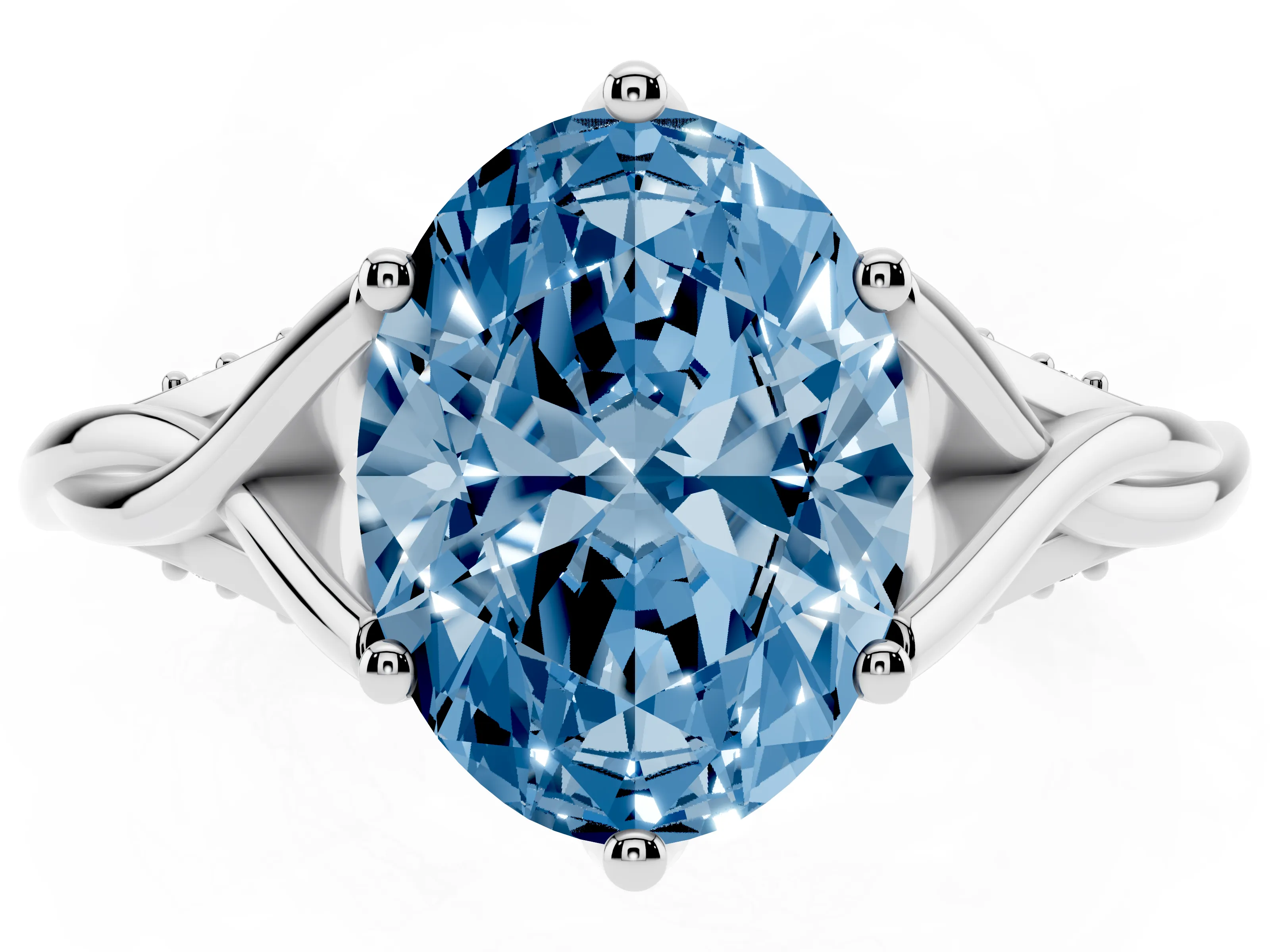 Fancy Blue Oval Cut Diamond Intertwined Twist Band Solitaire Ring Set in White gold with Prong Setting
