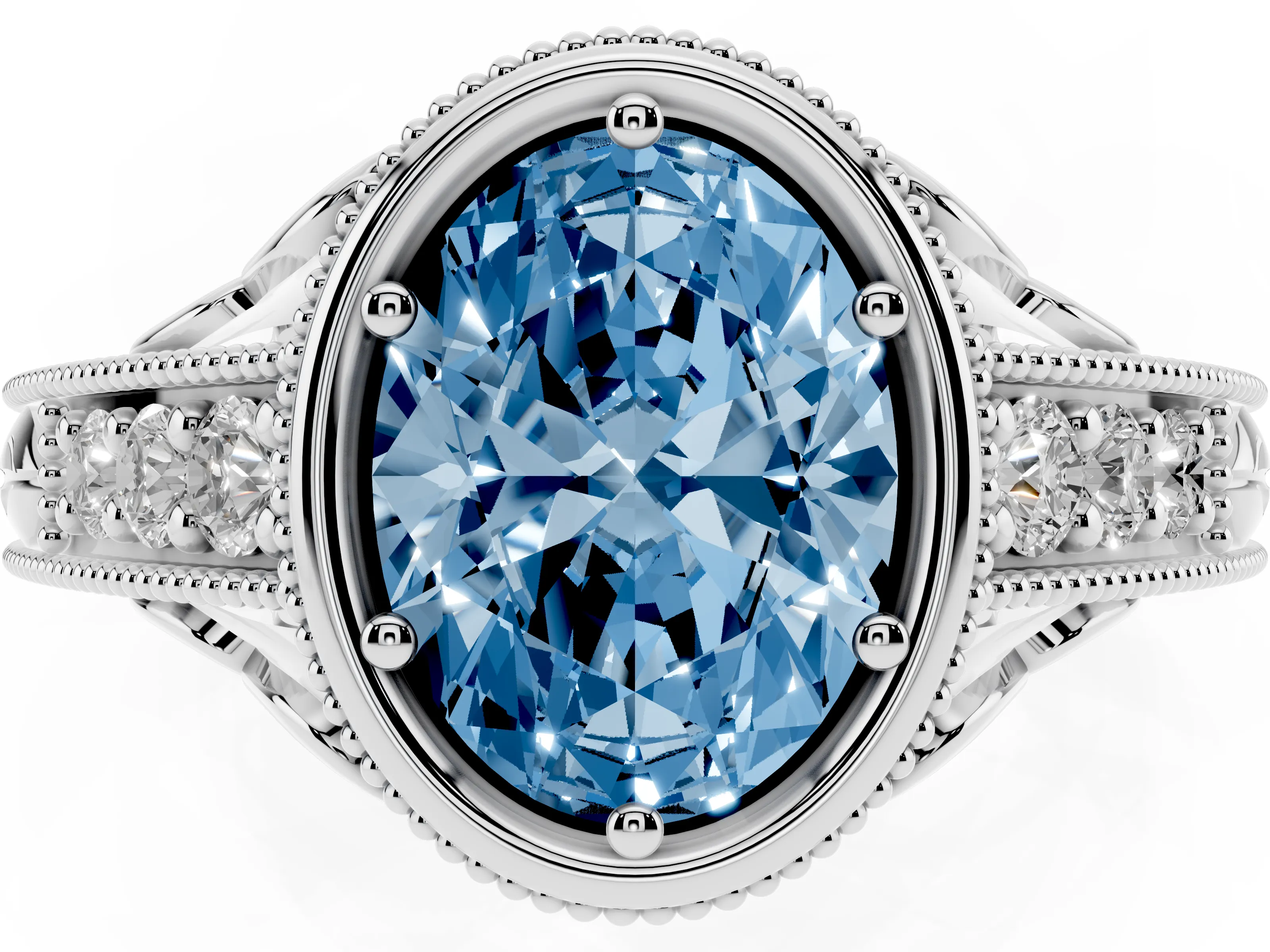 Fancy Blue Bezel Set Oval Cut Diamond Milgrain Pavé Engagement Ring Set in Silver
