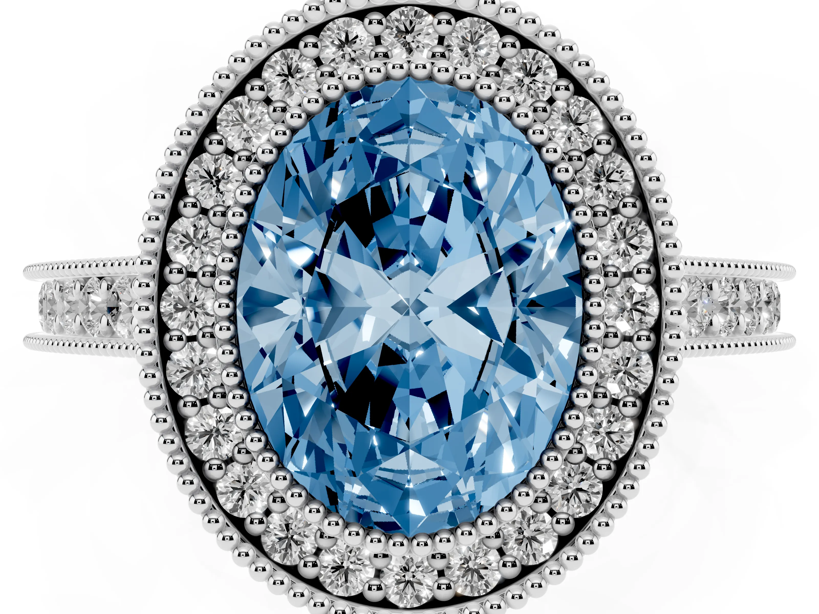 Fancy Blue Oval Cut Diamond Halo Milgrain Pavé Band Ring Set in Silver with Prong Setting