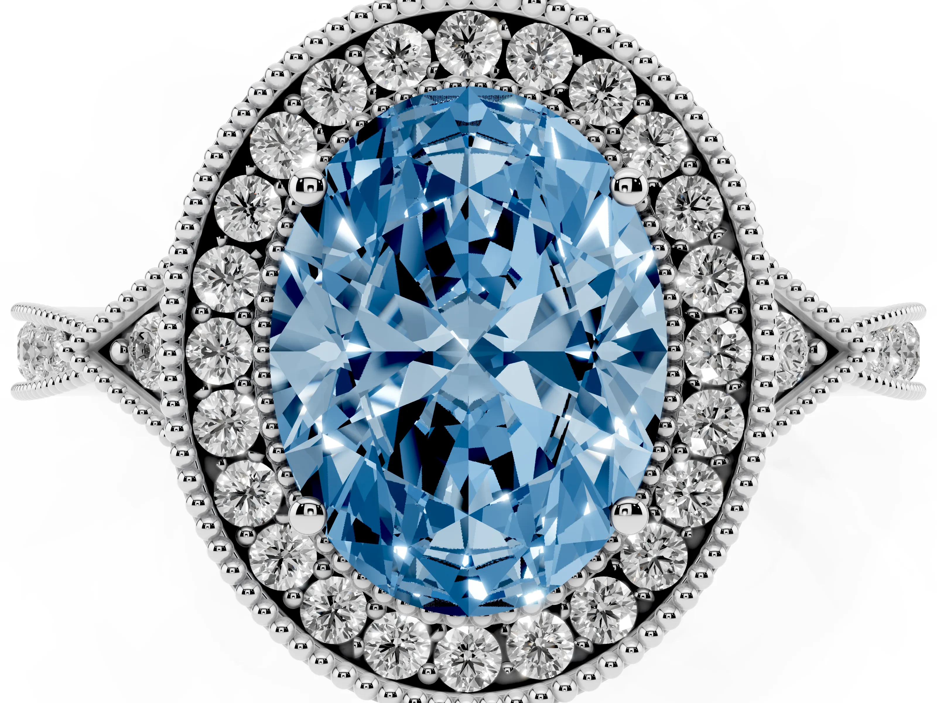 Fancy Blue Oval Cut Diamond Halo Engagement Ring Set in White gold with Milgrain Pavé Band