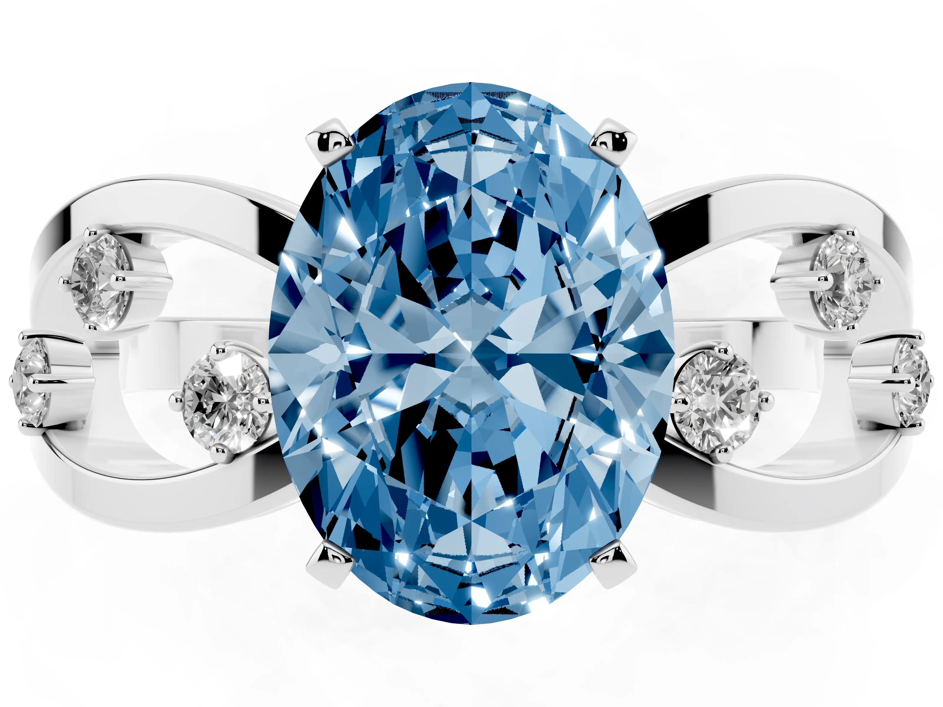 Fancy Blue Oval Cut Diamond Solitaire Ring Set in White gold with Side Stones on Criss-Cross Band and Prong Setting