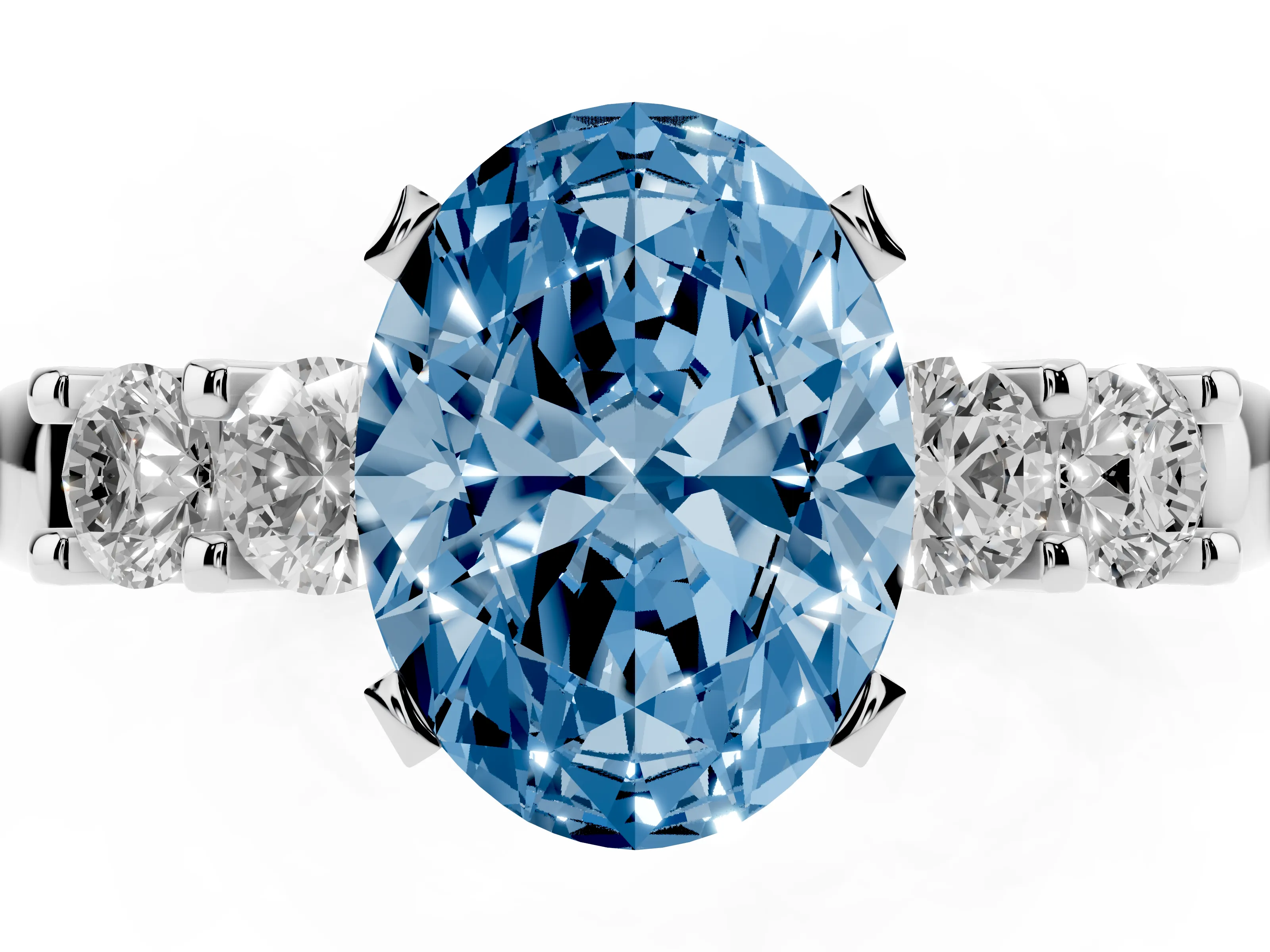 Fancy Blue Oval Cut Diamond Five-Stone Prong Set Engagement Ring Set in Silver with Channel Band