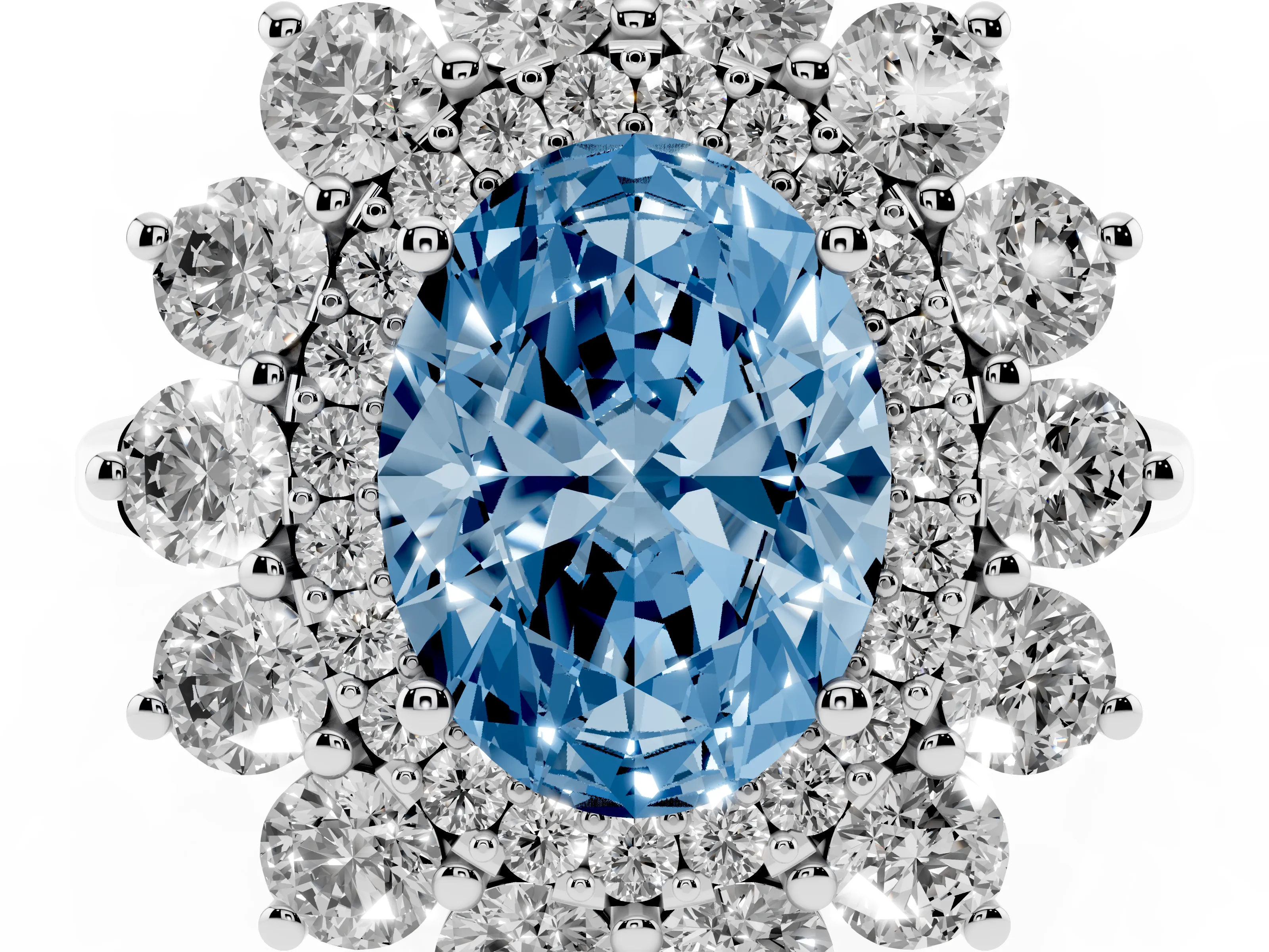 Fancy Blue Oval Cut Diamond Floral Double Halo Ring Set in Platinum with Round Petals