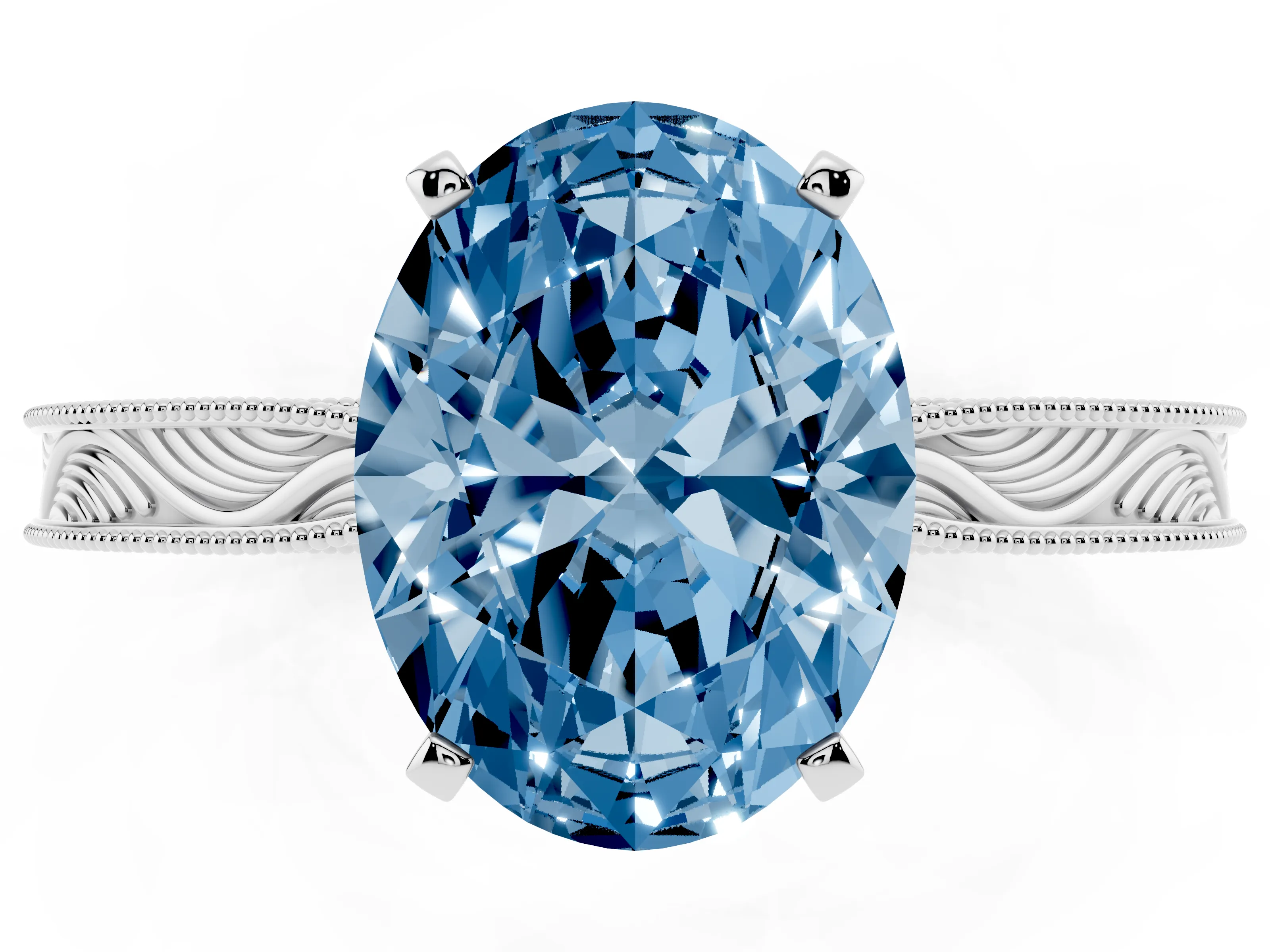 Fancy Blue Oval Cut Diamond Solitaire Milgrain Engraved Band Set in Platinum with Prong Setting