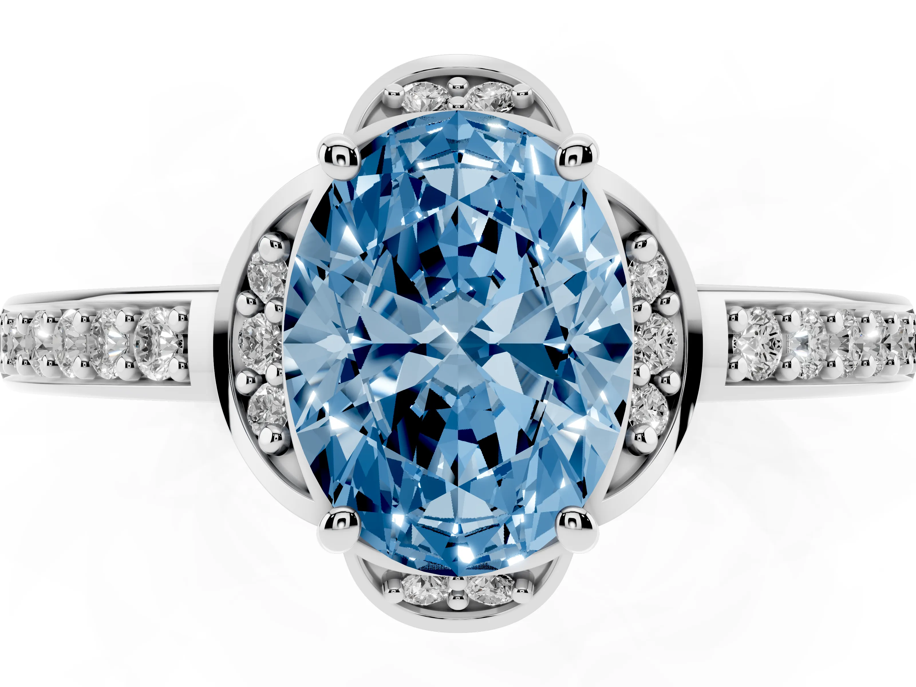 Fancy Blue Oval Cut Diamond Halo Ring Set in Silver with Channel Set Band and Prong Setting