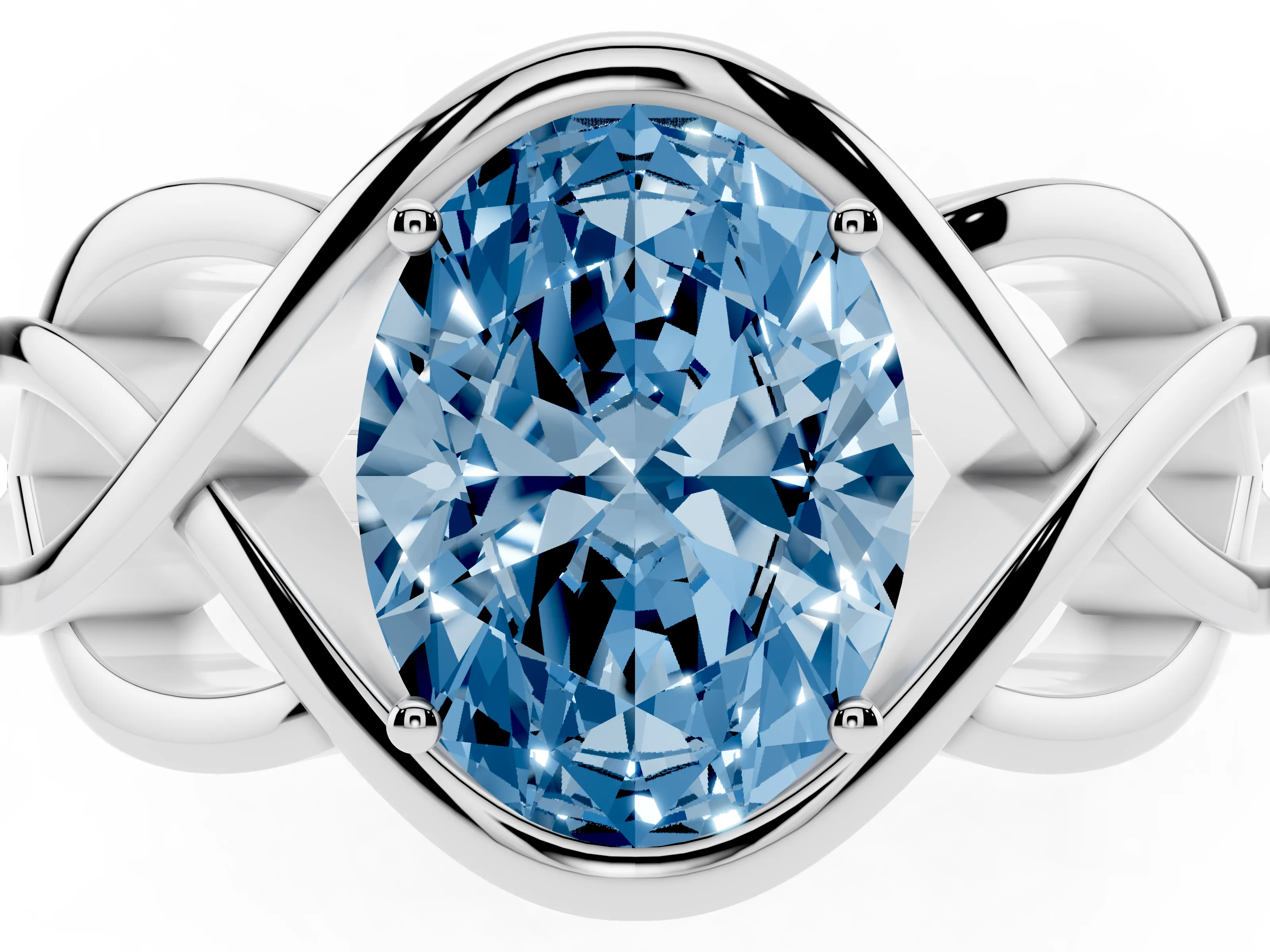 Fancy Blue Oval Cut Diamond Solitaire Ring Set in Platinum with Intertwined Band