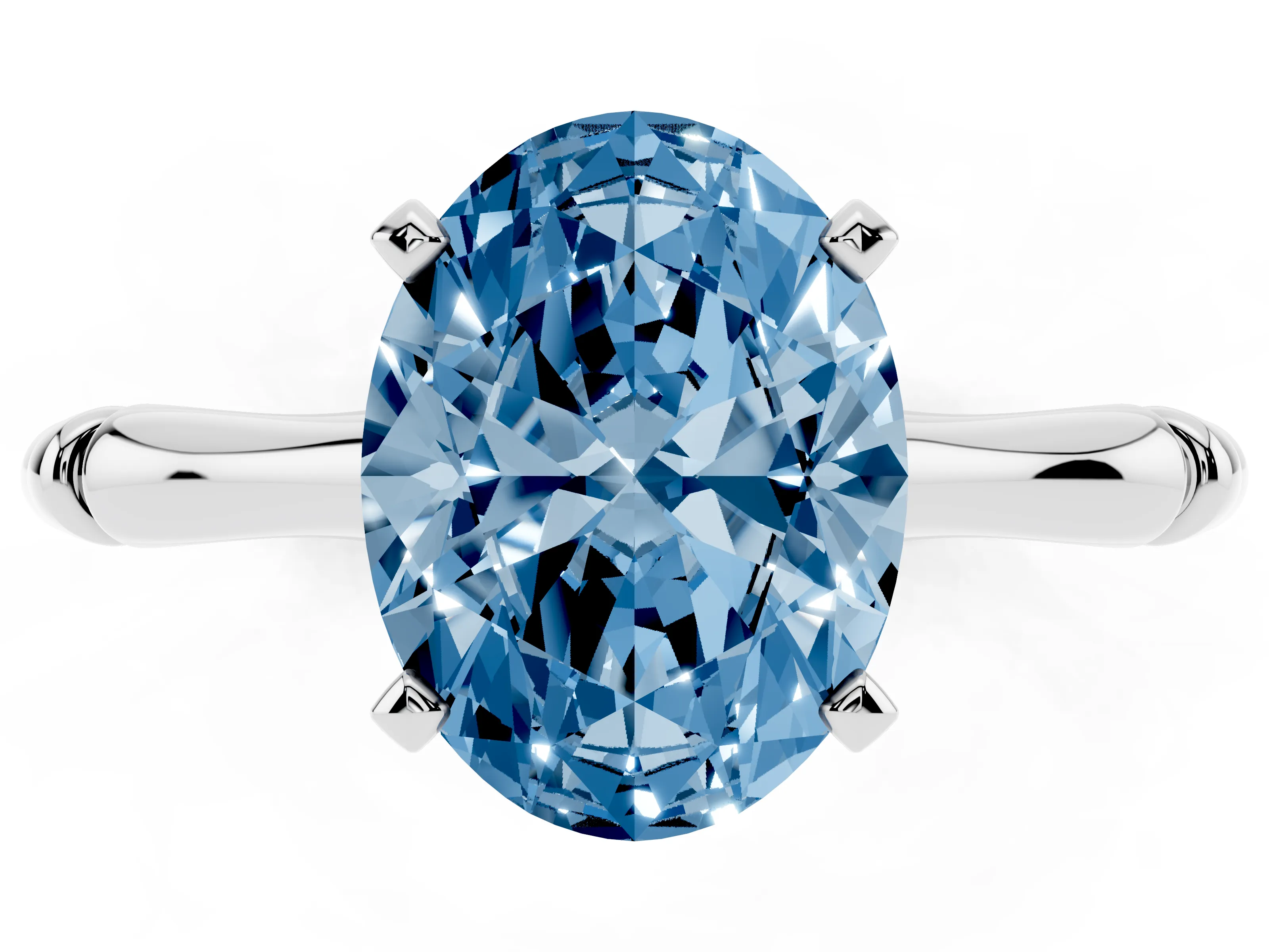 Fancy Blue Oval Cut Diamond Solitaire Ring Set in Silver with Bamboo Band and Prong Setting