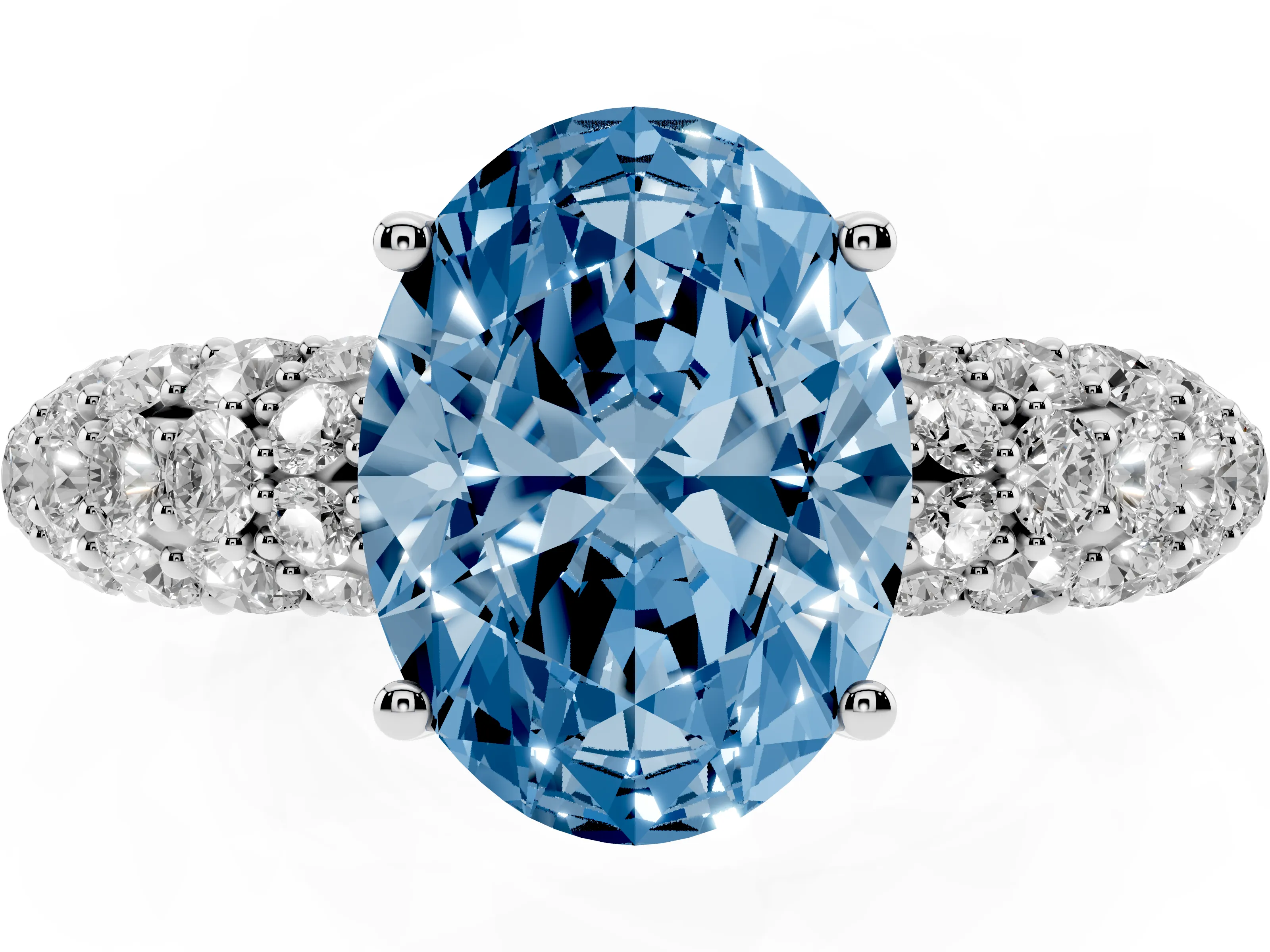 Fancy Blue Oval Cut Diamond Pavé Band Solitaire Ring Set in Platinum with Close-Set Accent Stones and Prong Setting