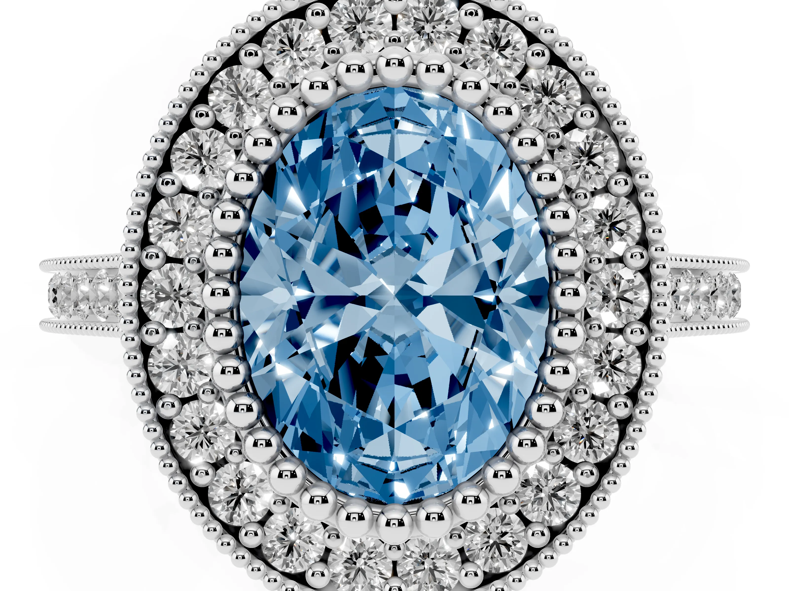 Fancy Blue Oval Cut Diamond Halo Ring Set in White gold with Milgrain Frame and Pavé Band