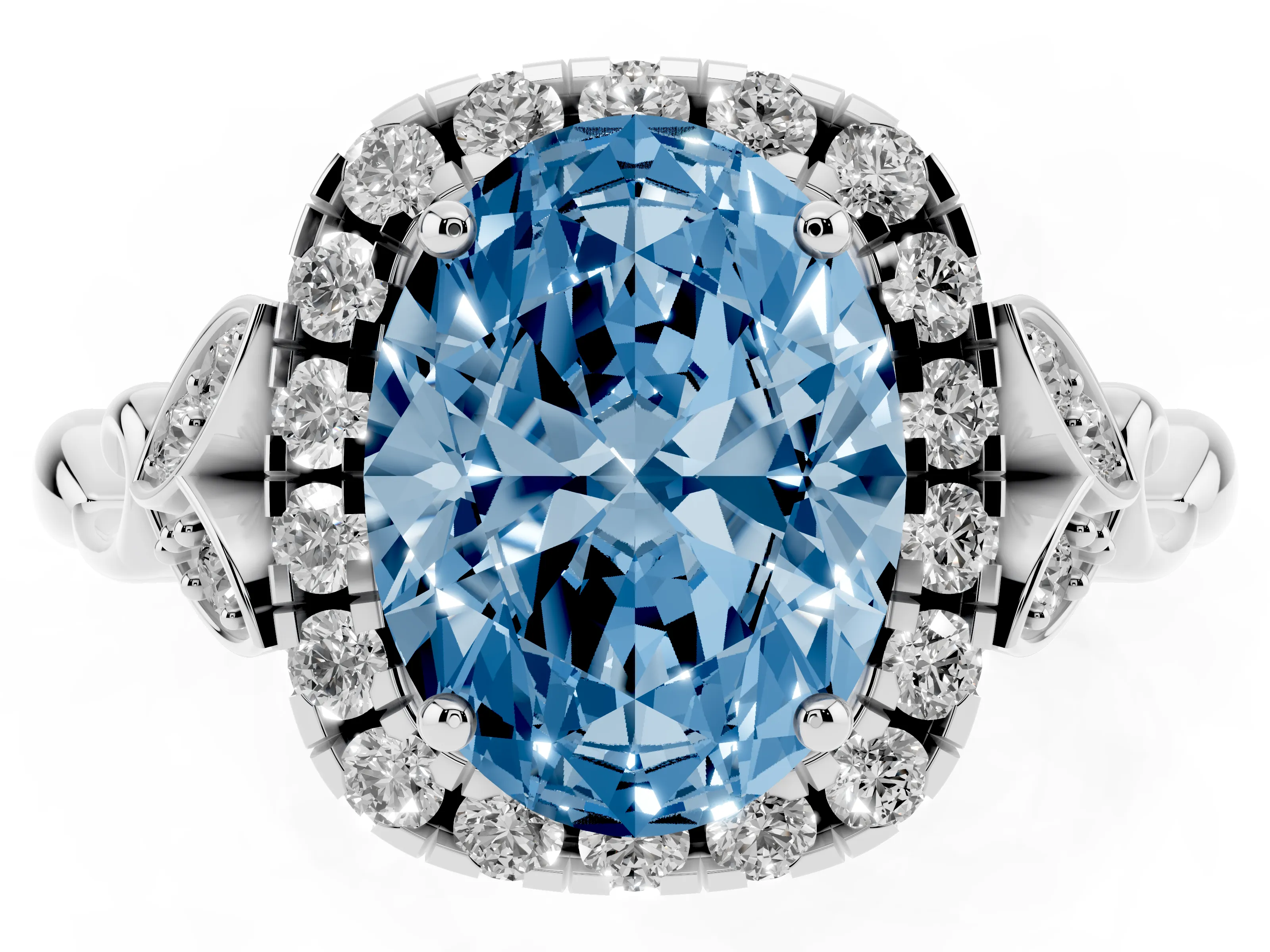 Fancy Blue Oval Cut Diamond Halo Engagement Ring Set in White gold with Vintage-Inspired Band and Prong Setting