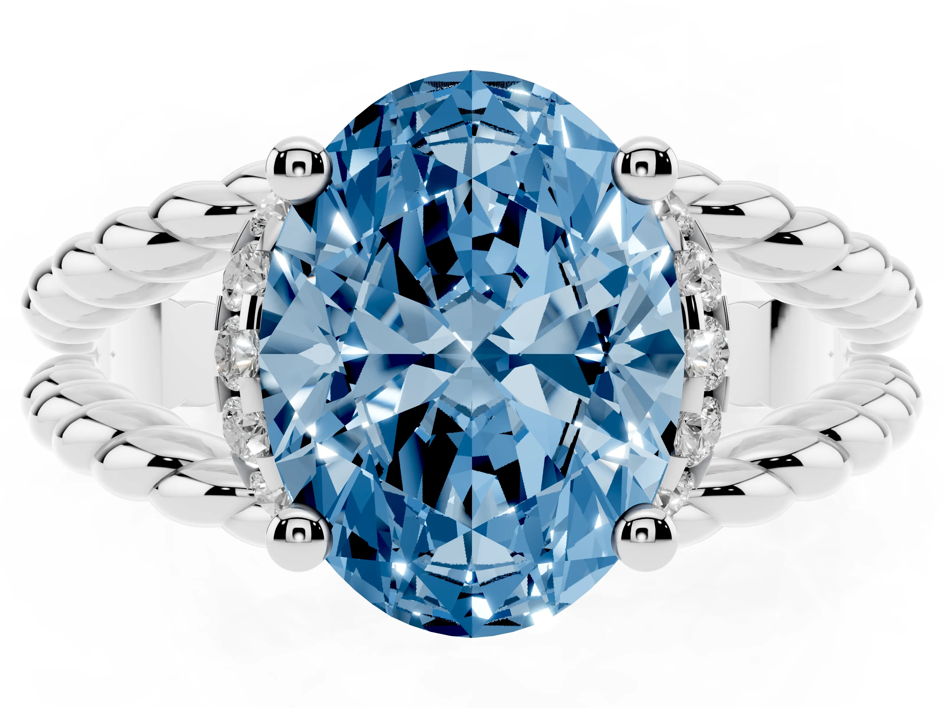Fancy Blue Oval Cut Diamond Halo Ring Set in Platinum with Twisted Band and Prong Setting