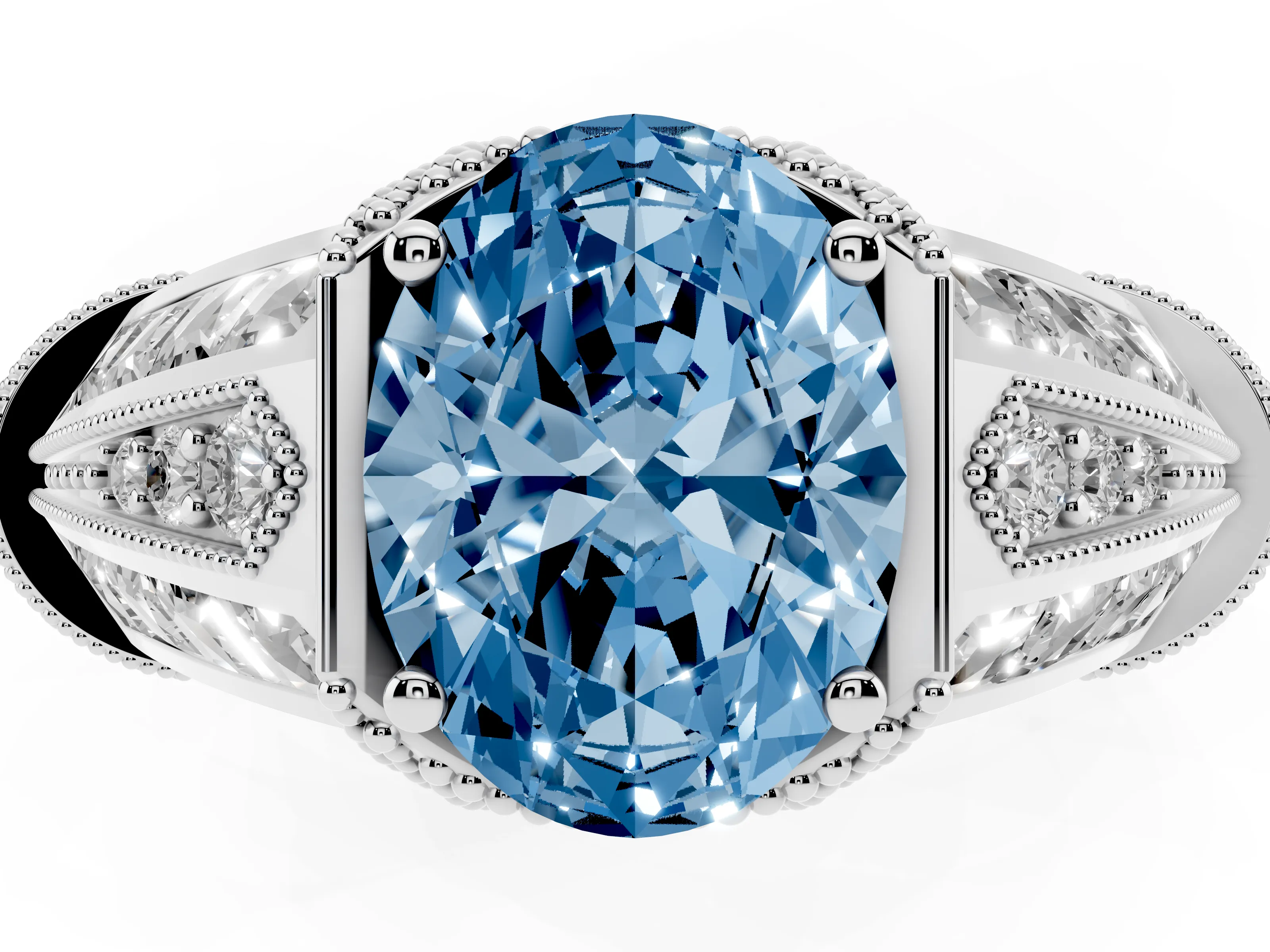 Fancy Blue Oval Cut Diamond Vintage-Inspired Milgrain Ring Set in Silver with Accent Split Shank