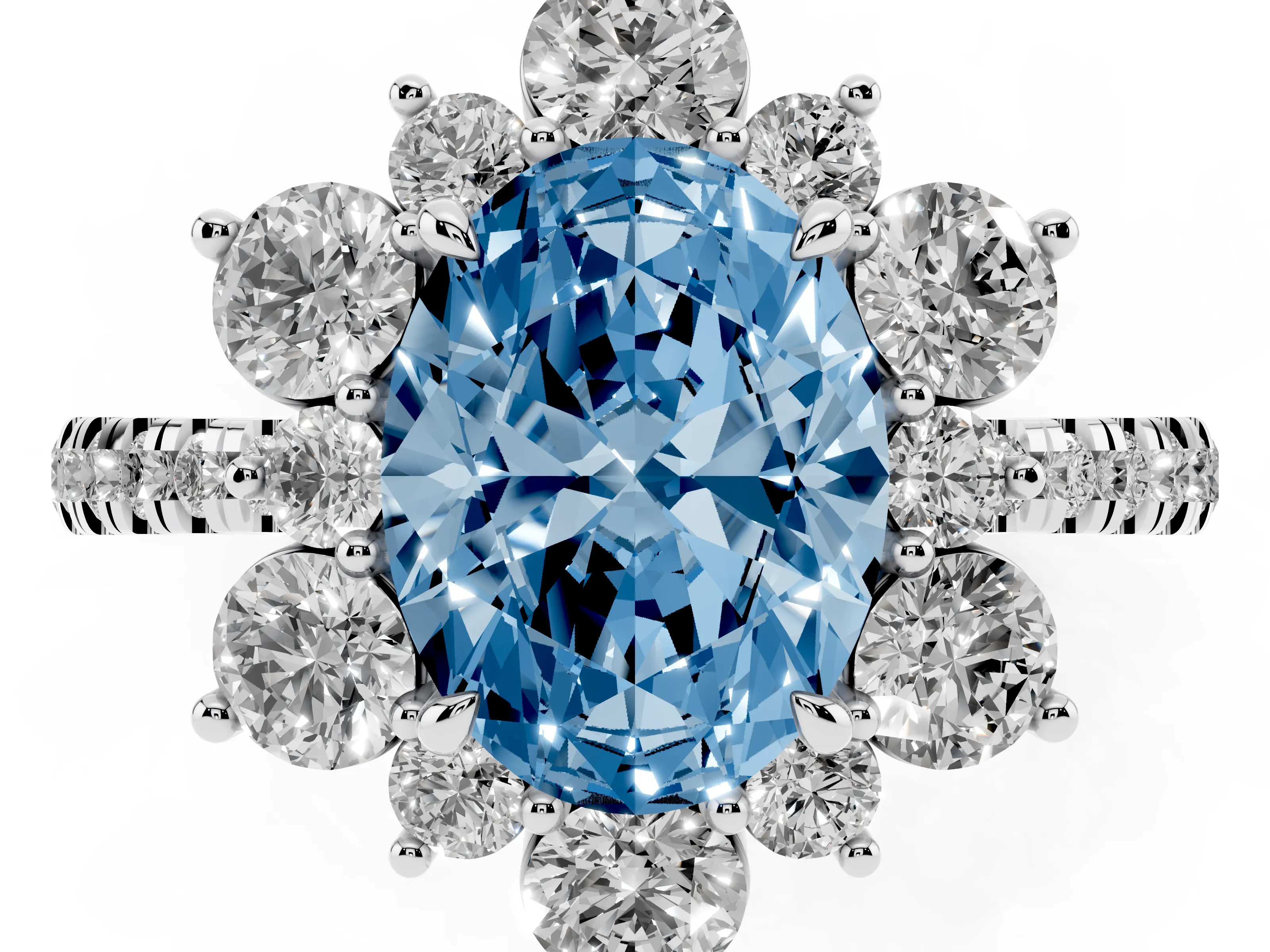 Fancy Blue Oval Cut Diamond Floral Halo Ring Set in White gold with Round Pavé Band and Prong Setting