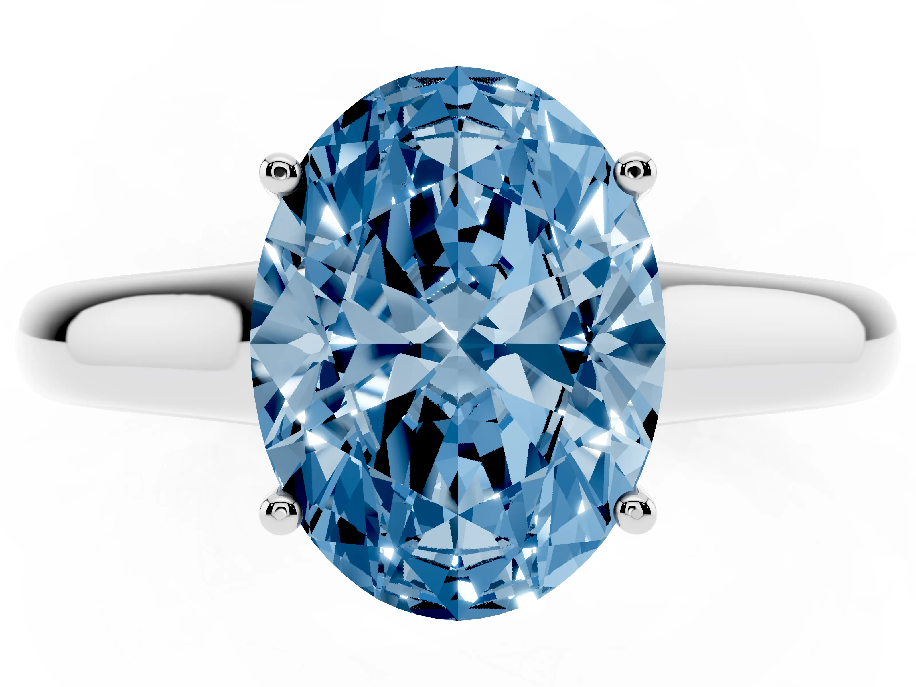 Fancy Blue Oval Cut Diamond Solitaire Engagement Ring Set in Silver with Subtly Tapered Band and Prong Setting