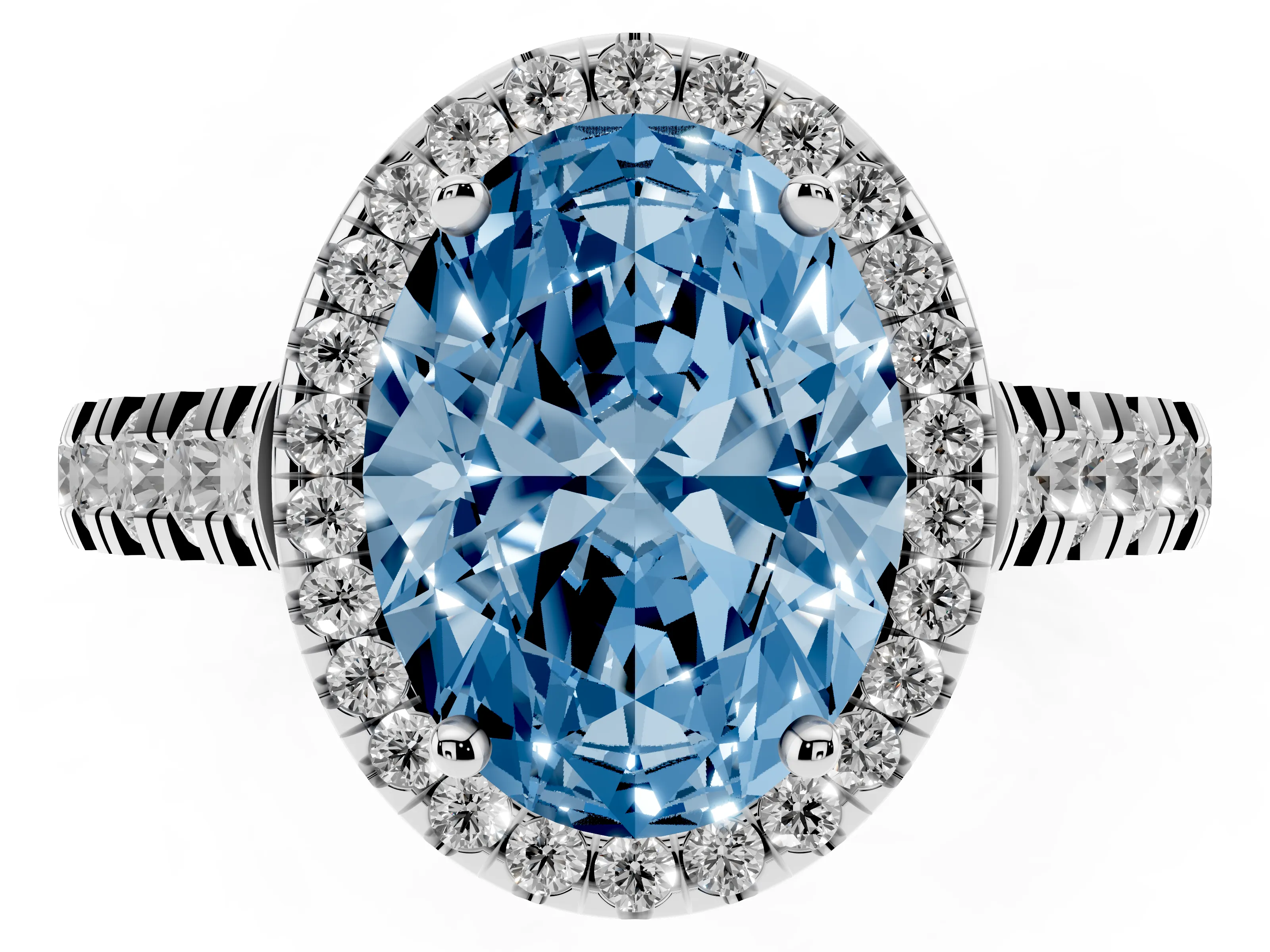 Fancy Blue Oval Cut Diamond Halo Engagement Ring Set in Platinum with Pavé Band and Prong-Set Center