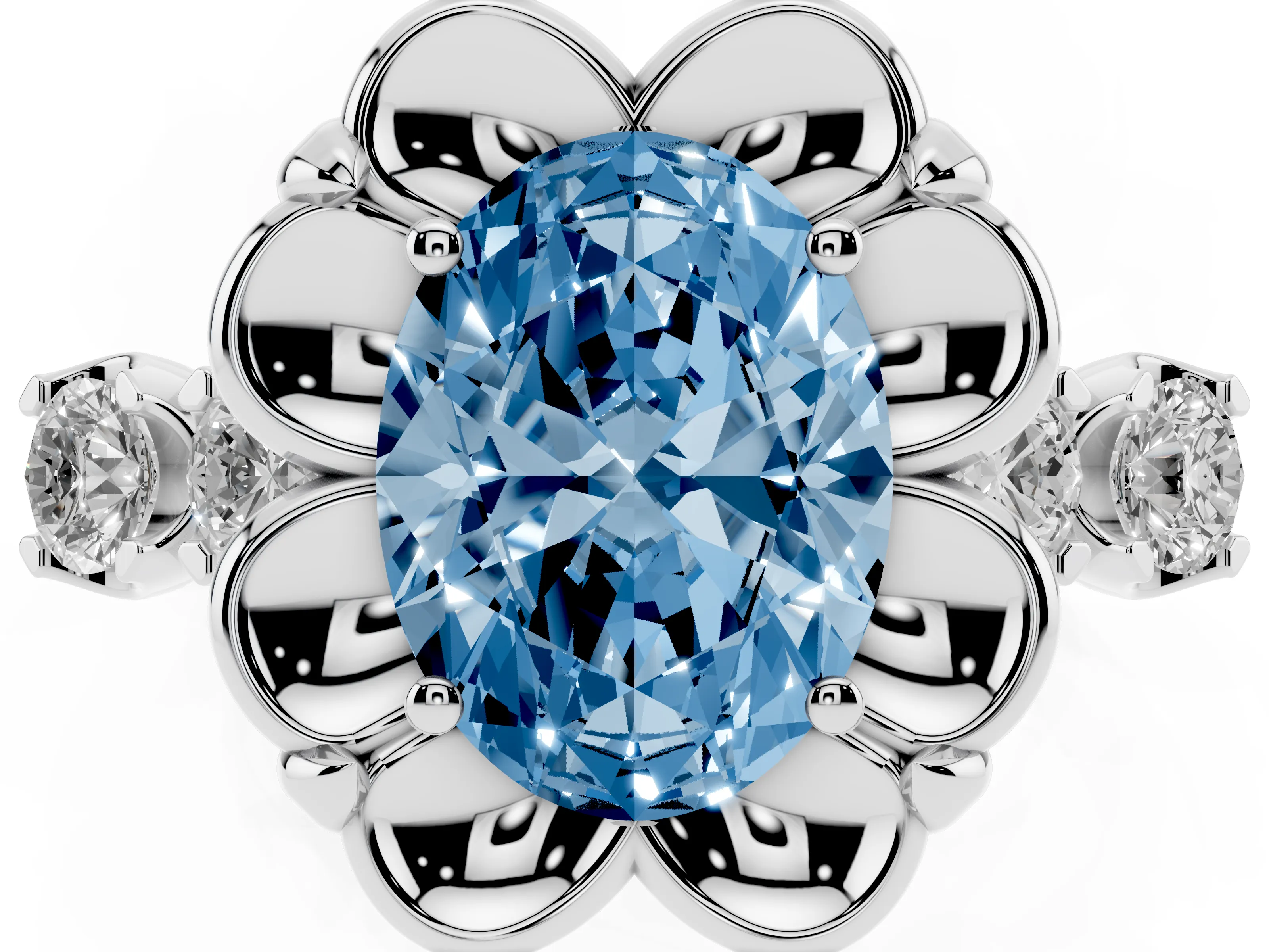 Fancy Blue Oval Cut Diamond Floral Halo Ring Set in Silver with Shared Prong Band
