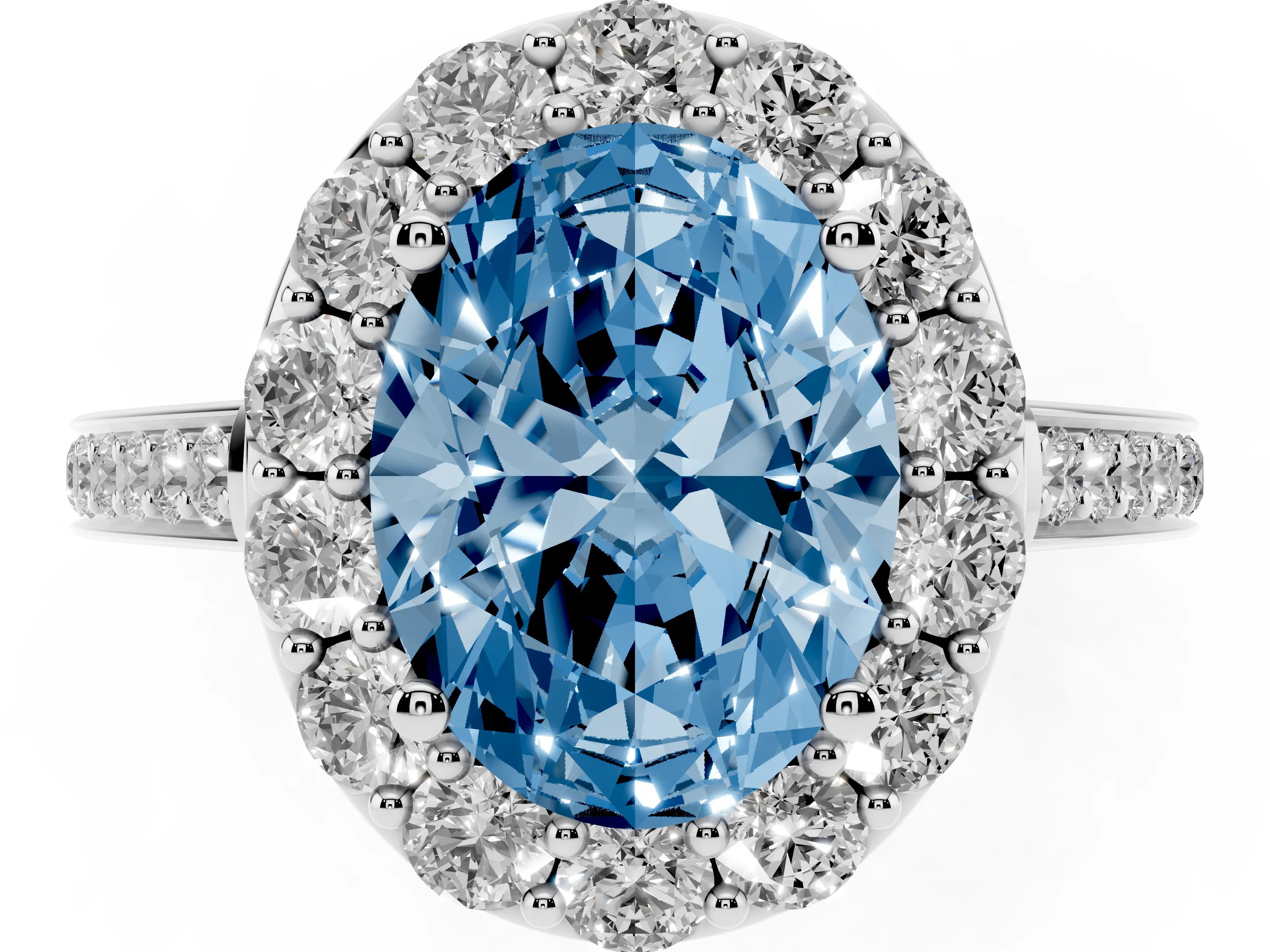 Fancy Blue Oval Cut Diamond Floral Halo Ring Set in Silver with Pavé Band and Prong Setting
