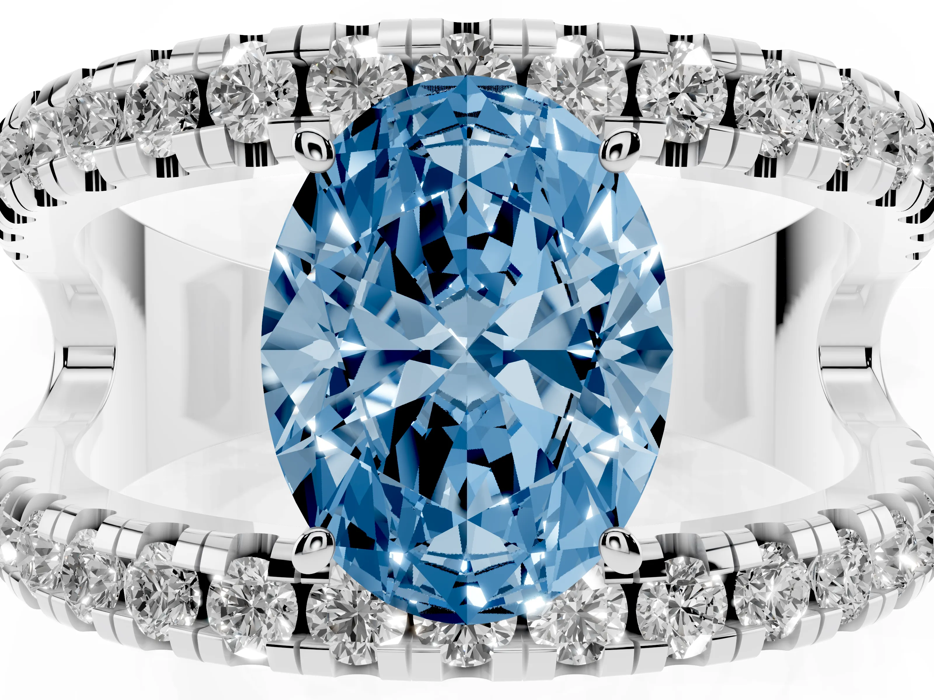 Fancy Blue Oval Cut Diamond Split Shank Pavé Solitaire Ring Set in Silver with Open Shank Design
