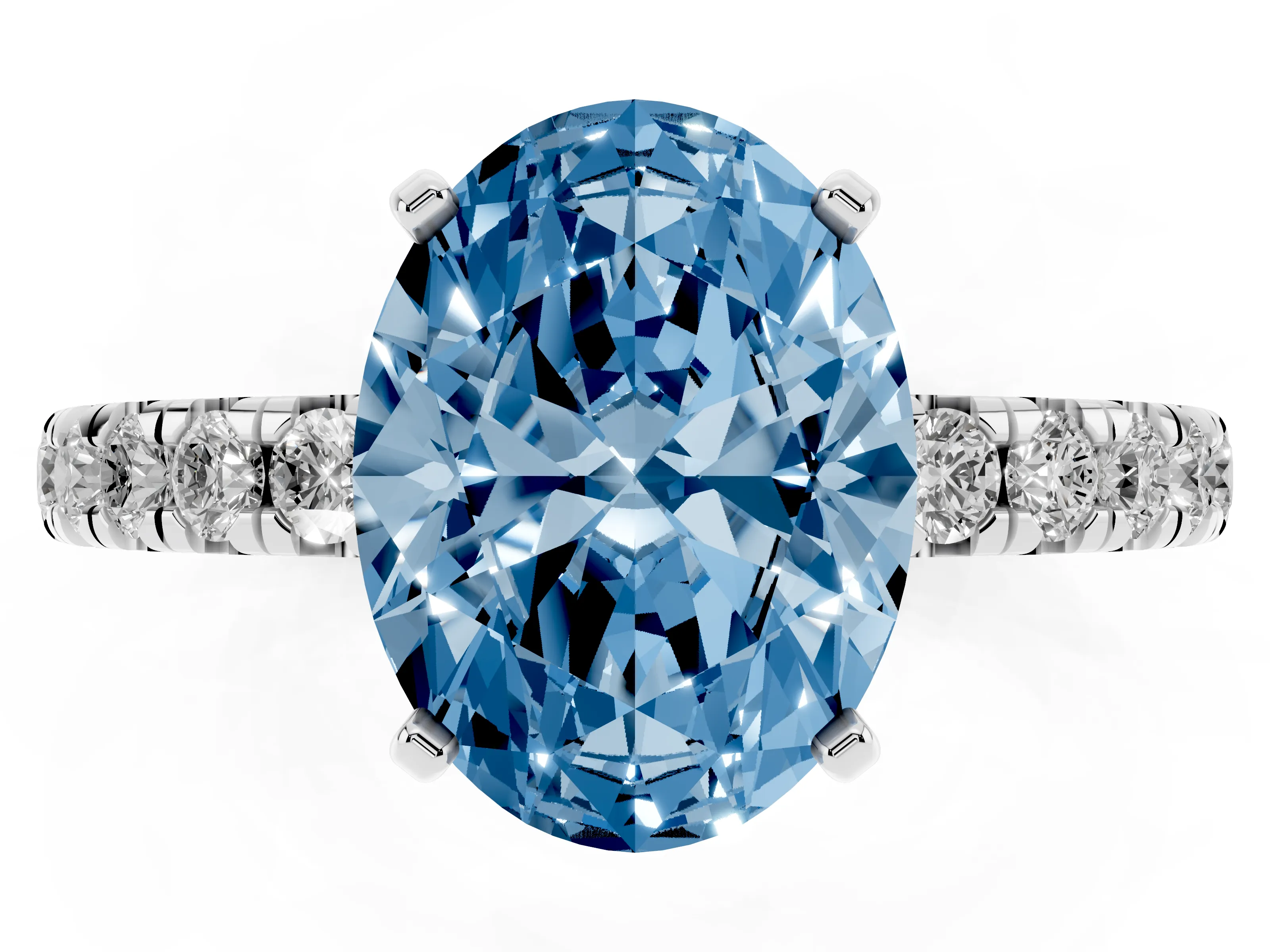 Fancy Blue Oval Cut Diamond Pavé Solitaire Ring Set in Silver with Round Band and Prong Setting