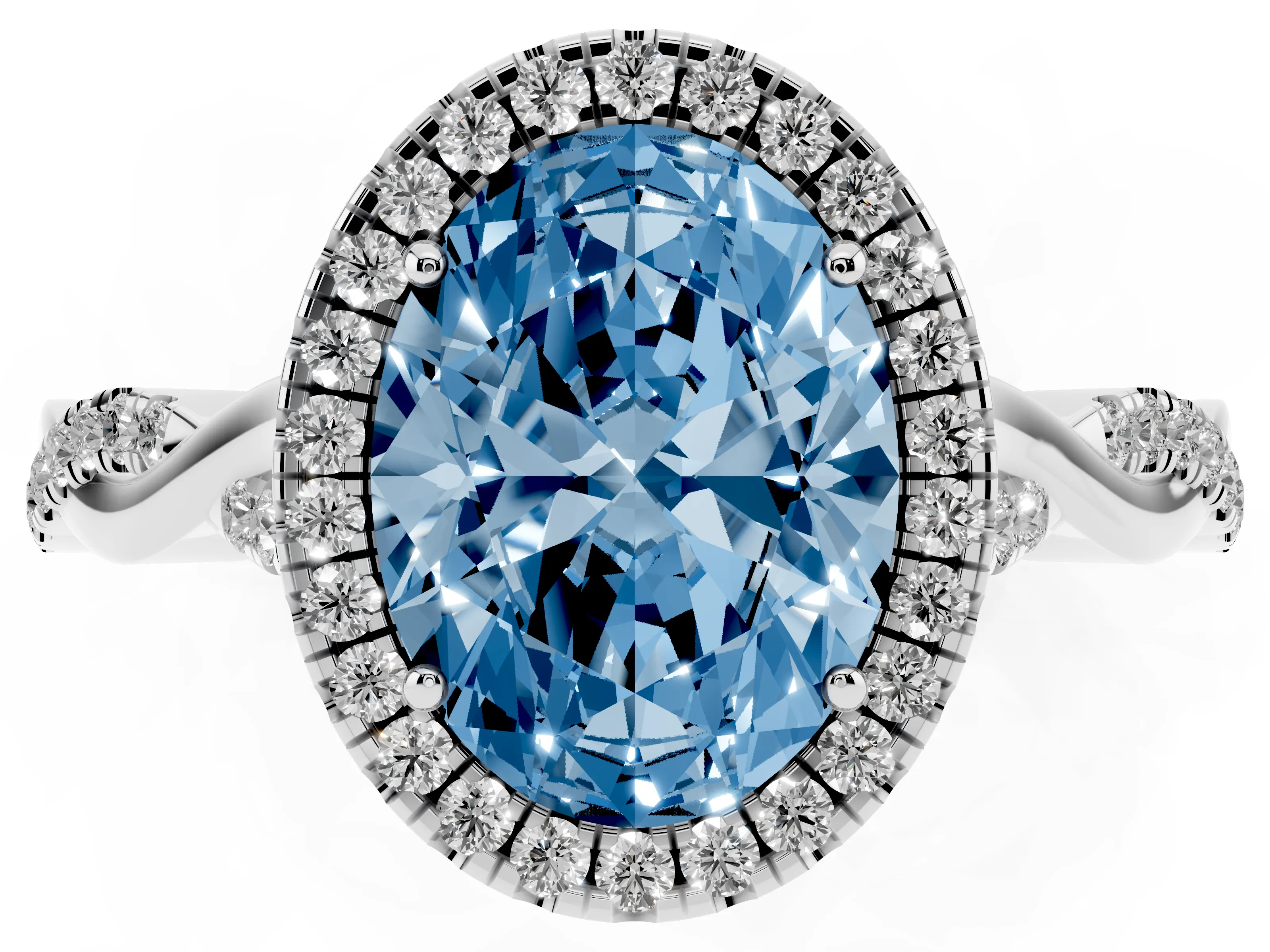 Fancy Blue Oval Cut Diamond Halo Twist Band Solitaire Ring Set in Silver with Prong Setting
