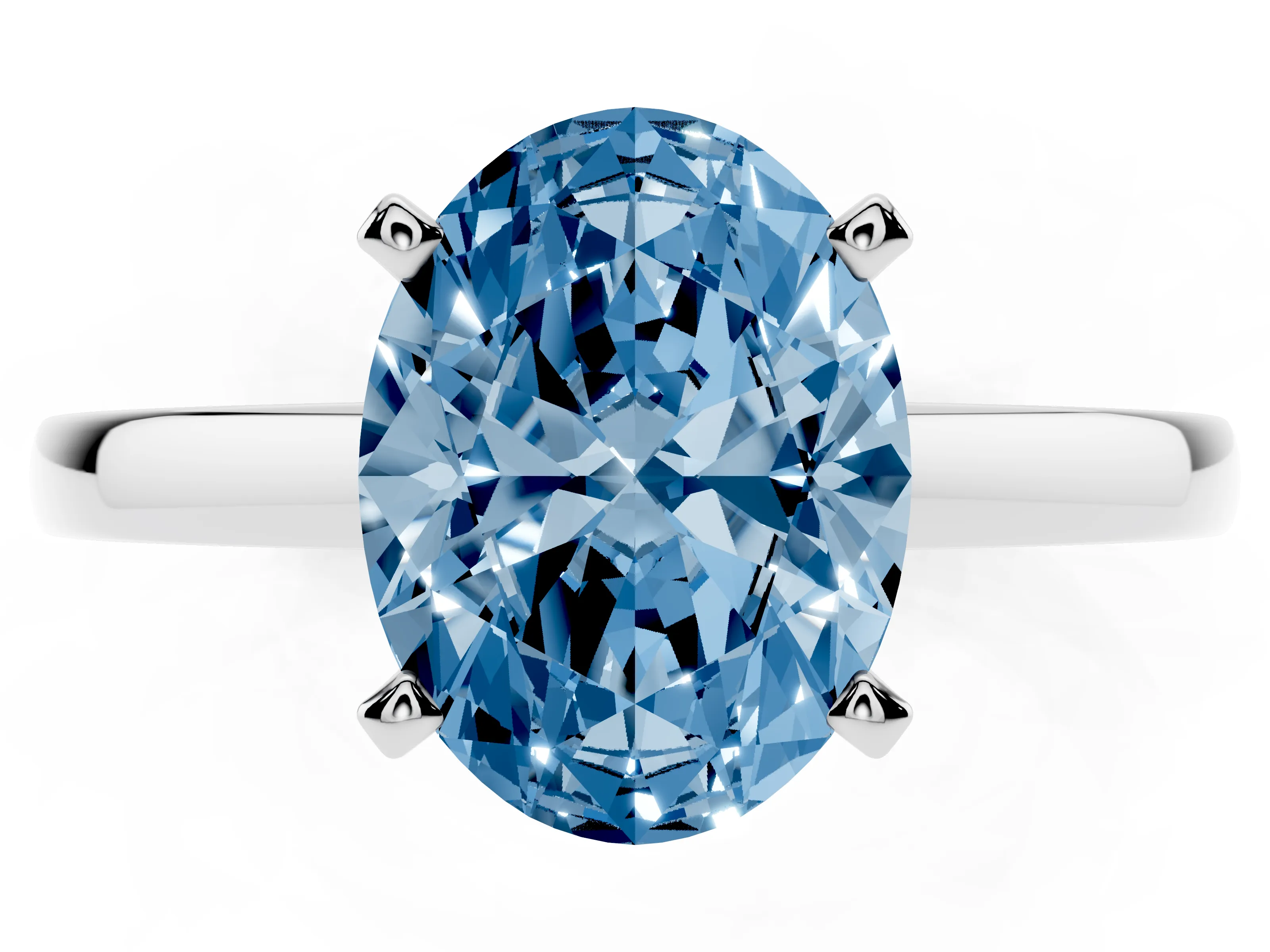 Fancy Blue Oval Cut Diamond Solitaire Engagement Ring Set in Silver with Prong Setting on a Classic Band
