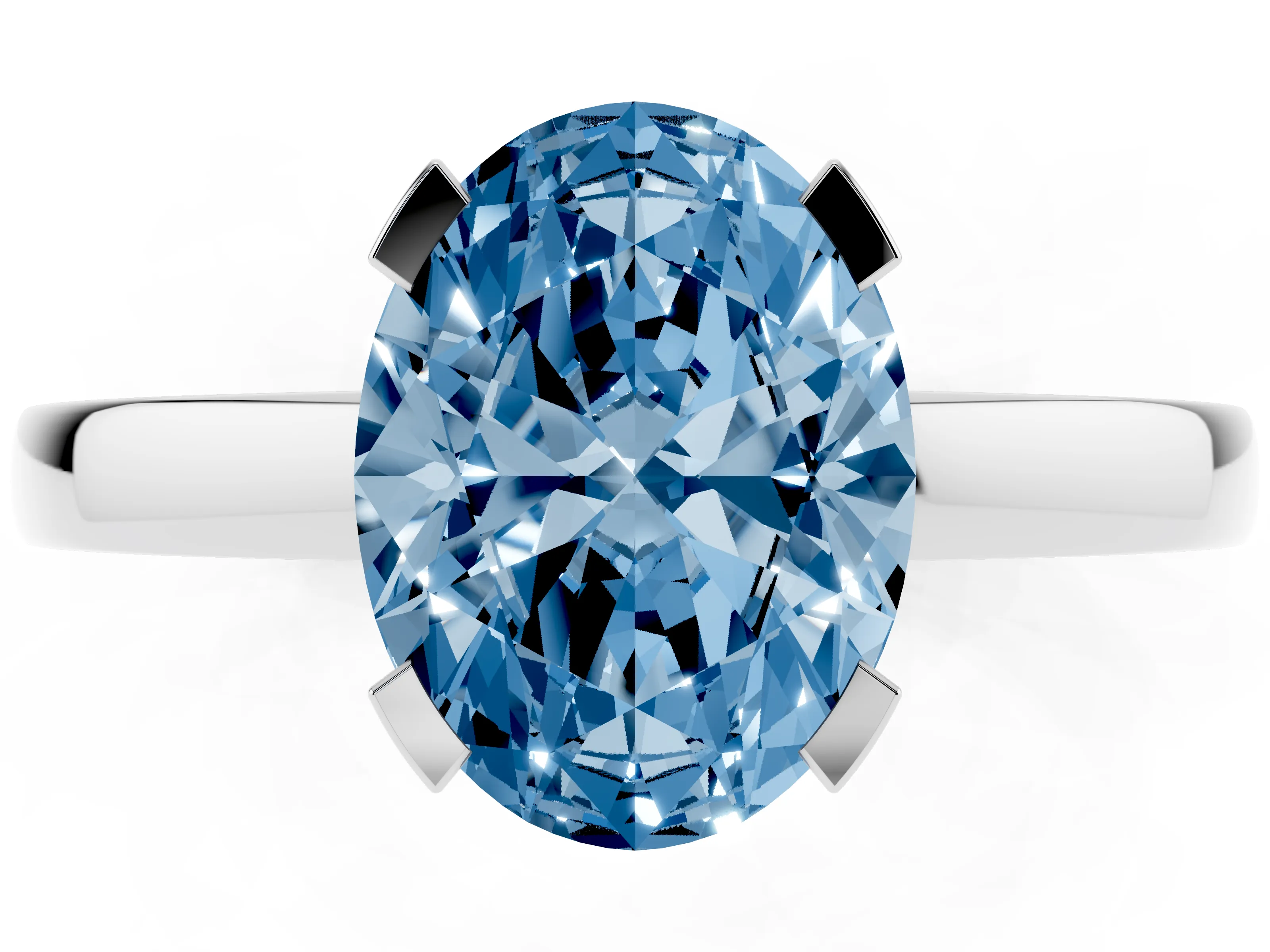 Fancy Blue Oval Cut Diamond Solitaire Ring Set in Platinum with Prong Head and Smooth Polished Band