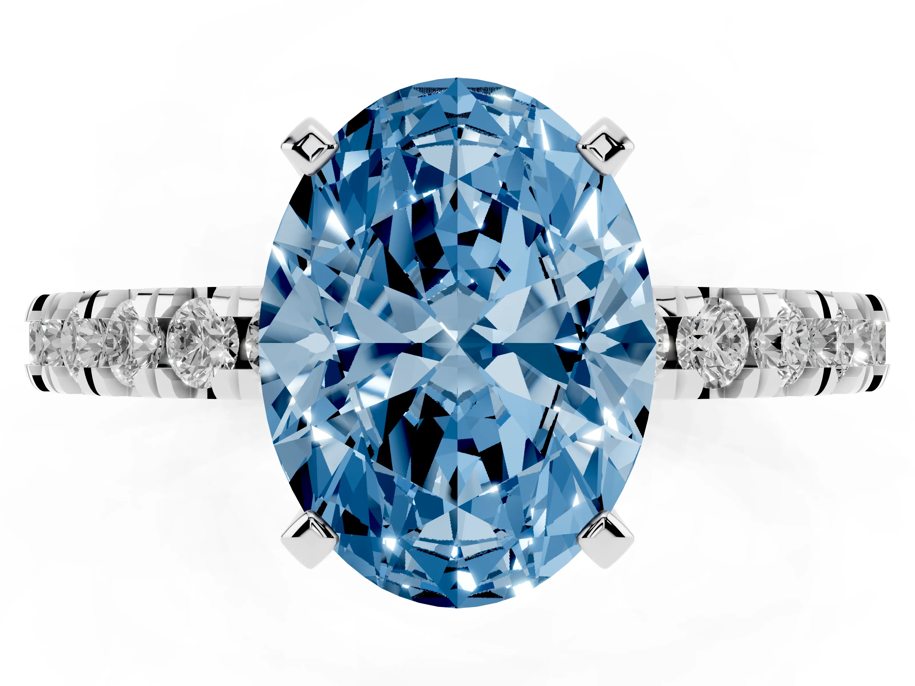 Fancy Blue Oval Cut Diamond Pavé Band Solitaire Set in Silver with Prong Setting