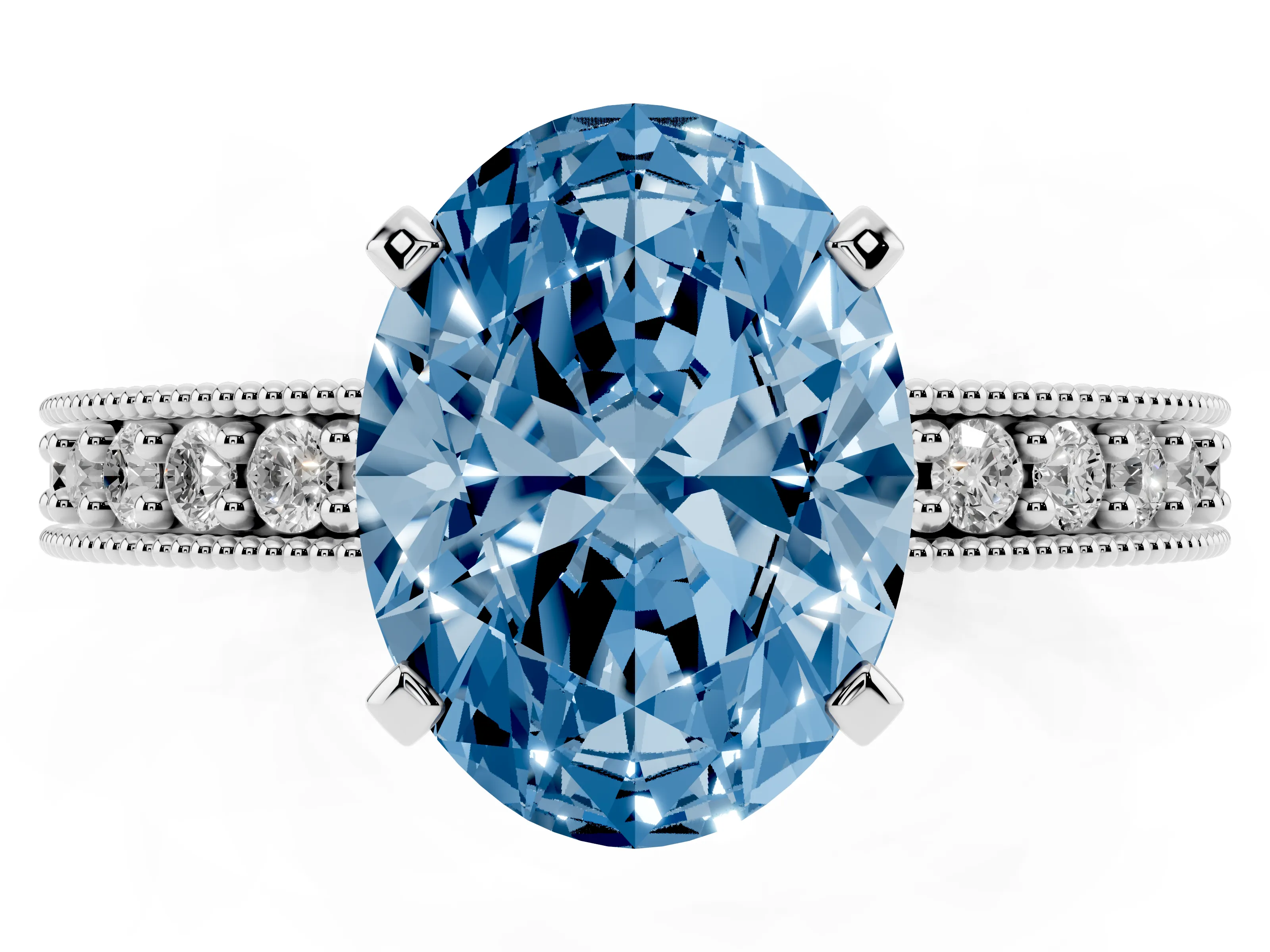 Fancy Blue Oval Cut Diamond Milgrain Pavé Engagement Ring Set in Silver with Prong Setting