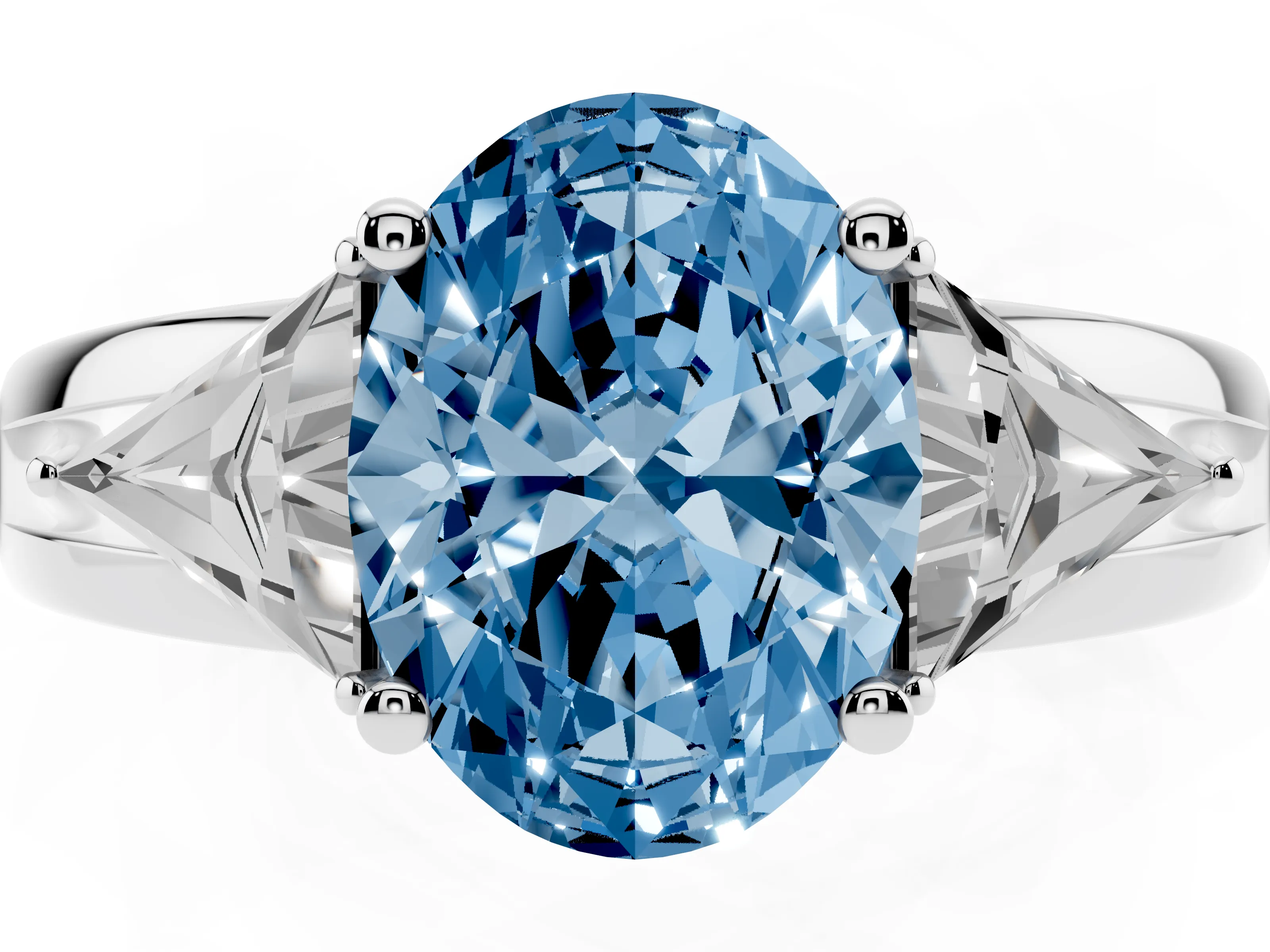Fancy Blue Oval Cut Diamond Three-Stone Ring Set in Silver with Trillion Side Stones and Split Shank