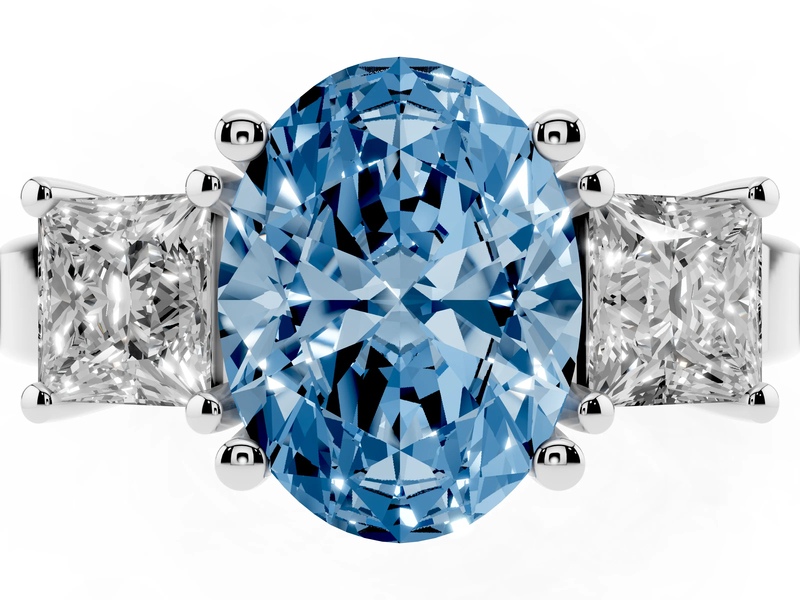 Fancy Blue Three-Stone Oval Cut Diamond Solitaire Ring Set in Platinum with Prong Setting