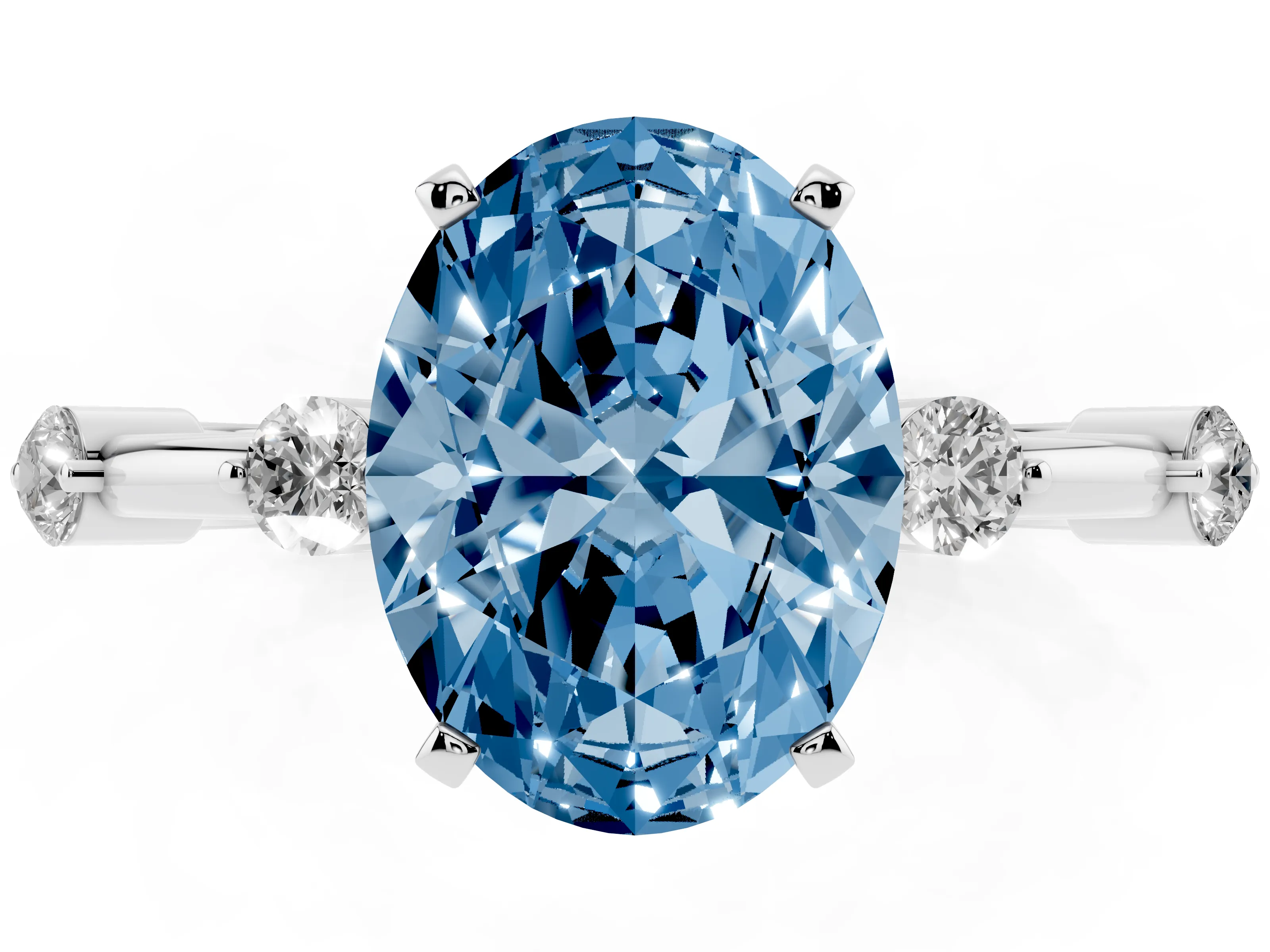 Fancy Blue Oval Cut Diamond Solitaire Ring Set in Platinum with Bezel Set Side Stones and Prong Setting