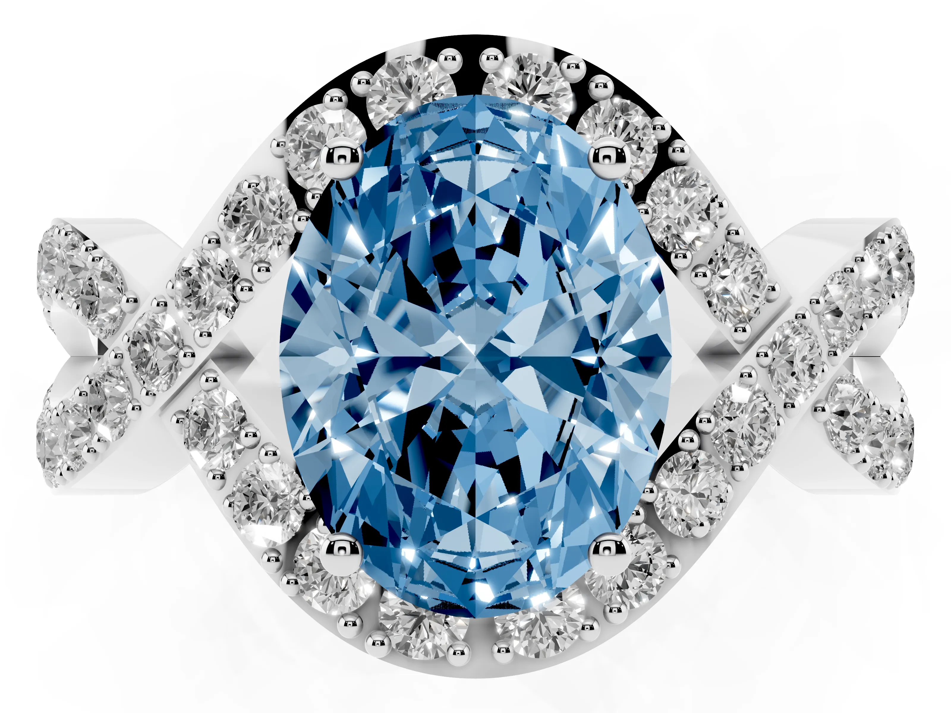 Fancy Blue Oval Cut Diamond Solitaire Twist Band Pavé Engagement Ring Set in Platinum