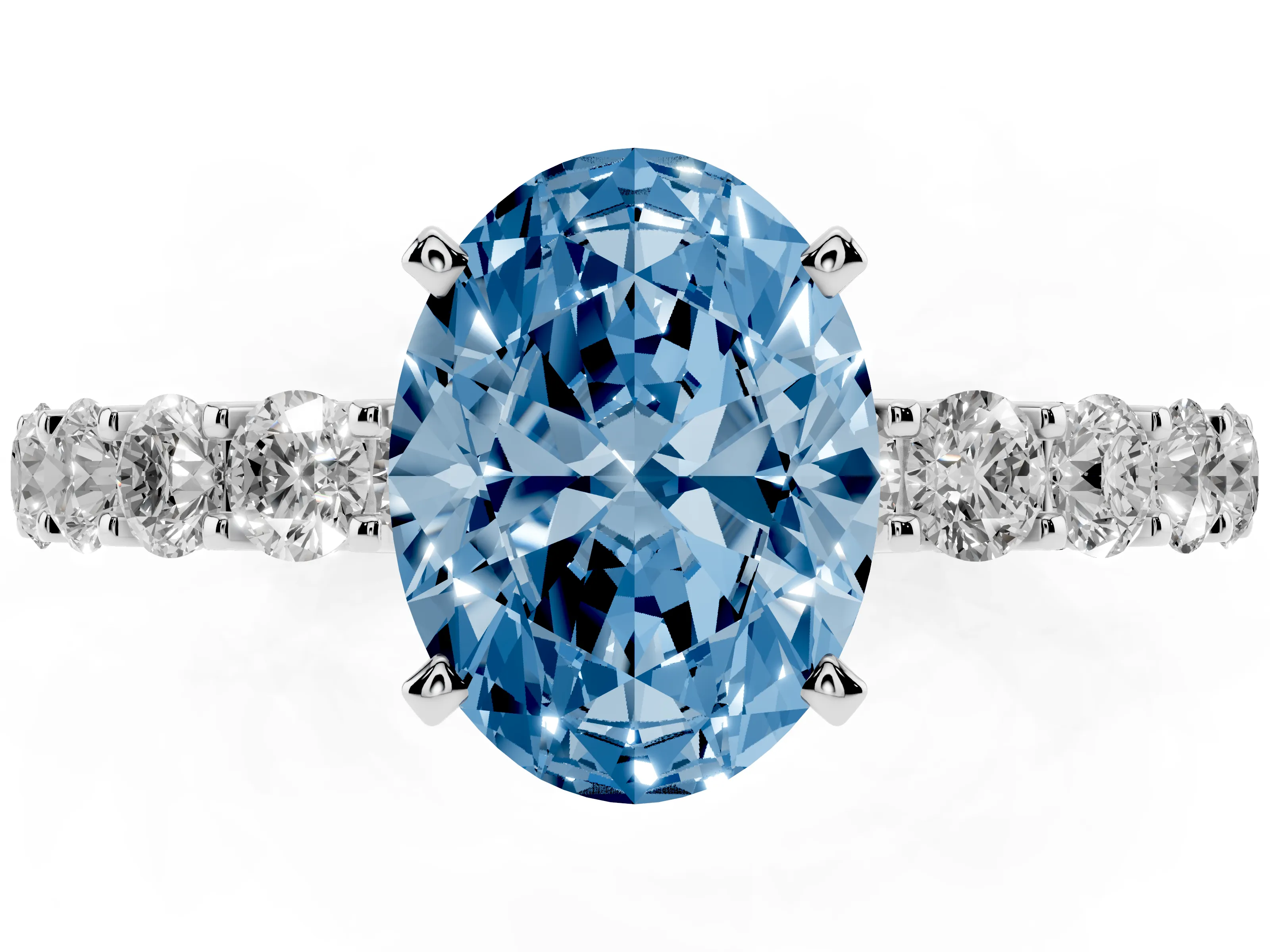 Fancy Blue Oval Cut Diamond Solitaire Ring Set in Platinum with Shared Prong Pavé Band