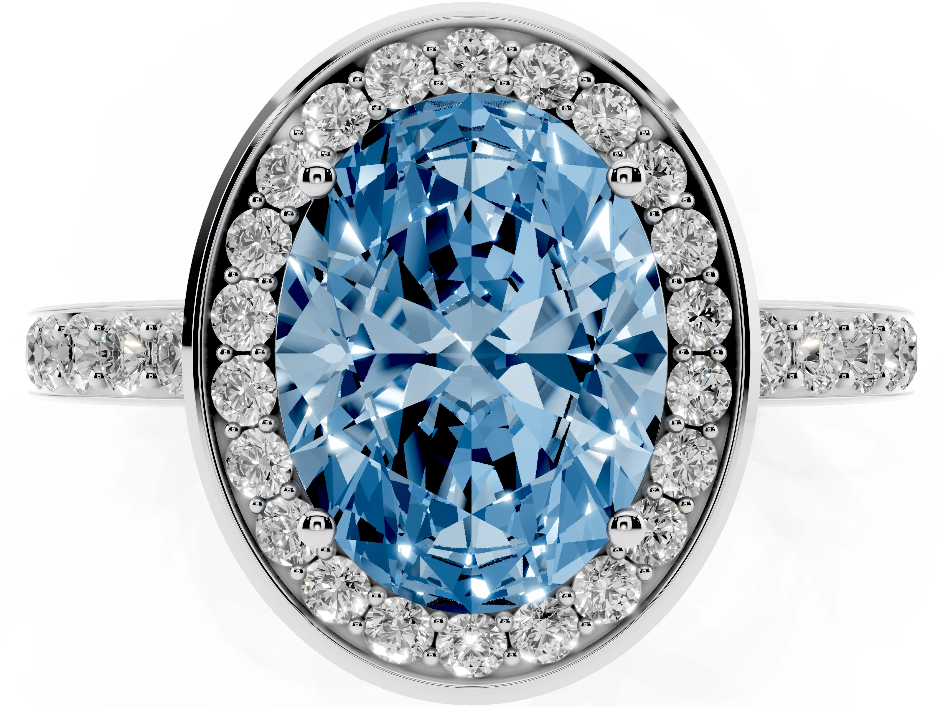 Fancy Blue Oval Cut Diamond Halo Ring Set in White gold with Bezel Frame and Pavé Band