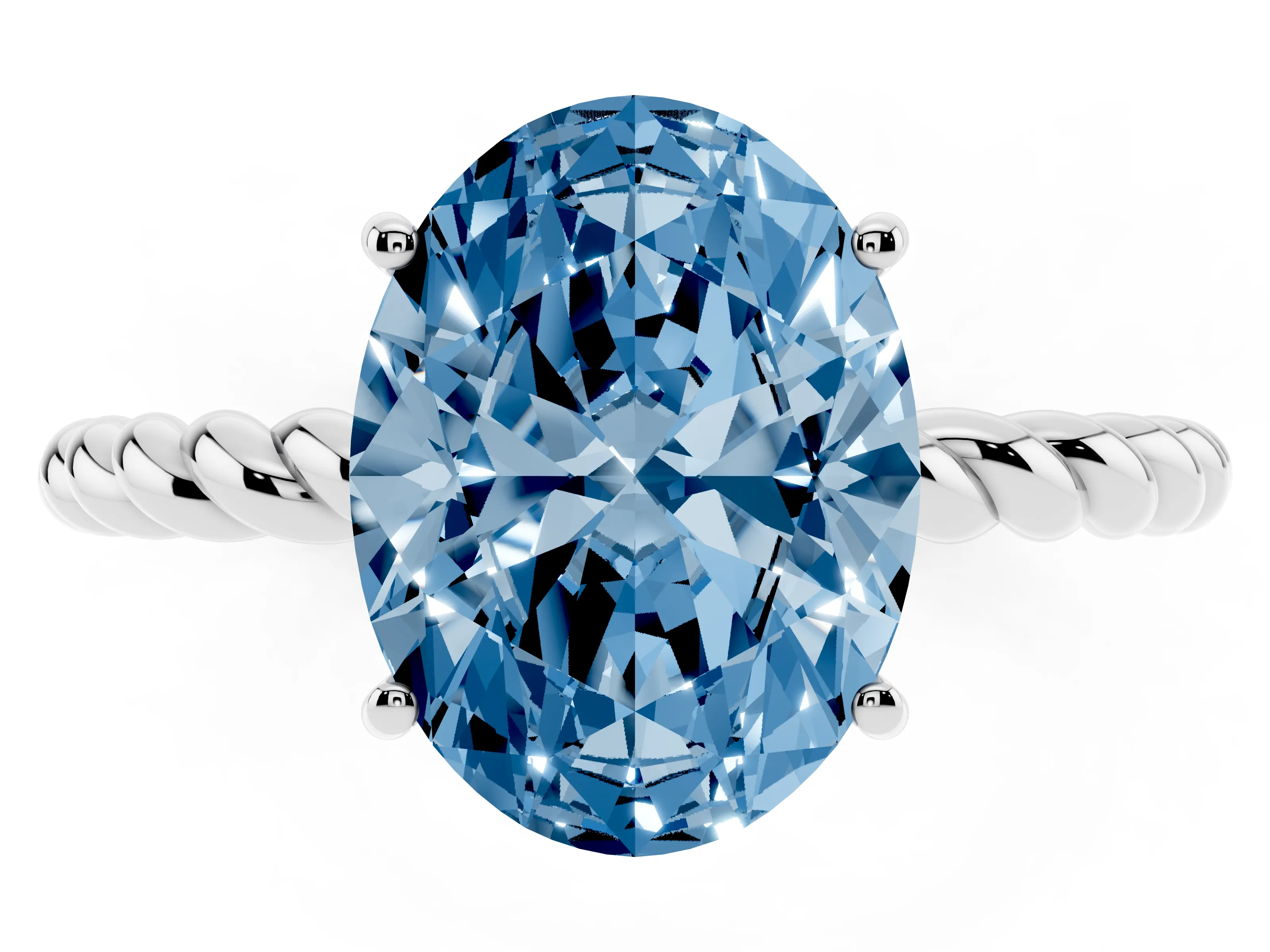 Fancy Blue Oval Cut Diamond Solitaire Ring Set in Platinum with Twist Band and Prong Setting