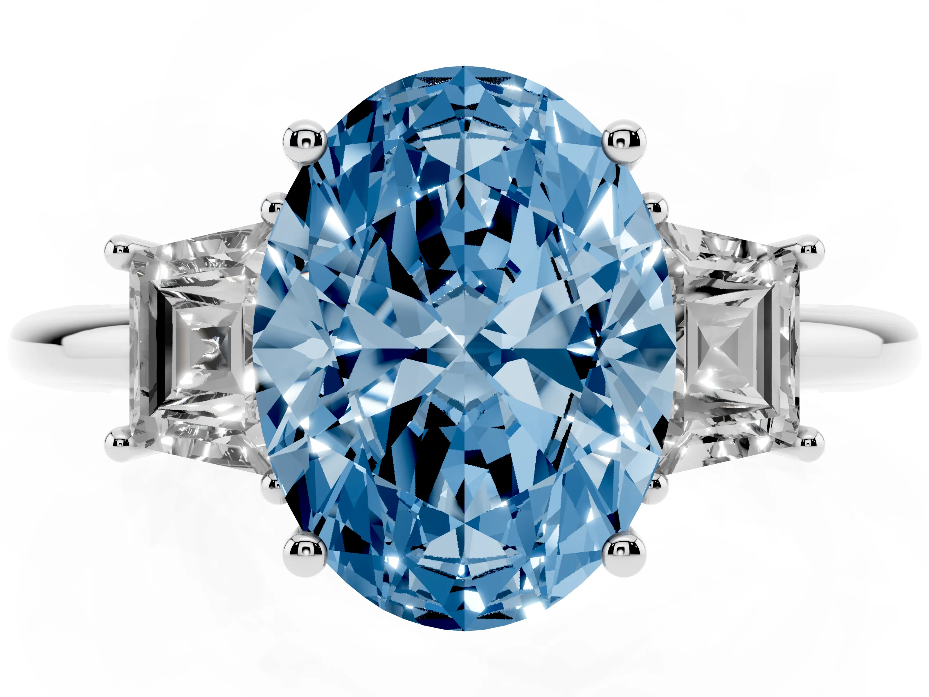 Fancy Blue Oval Cut Diamond Three-Stone Ring Set in White gold with Trapezoid Side Stones and Prong Setting