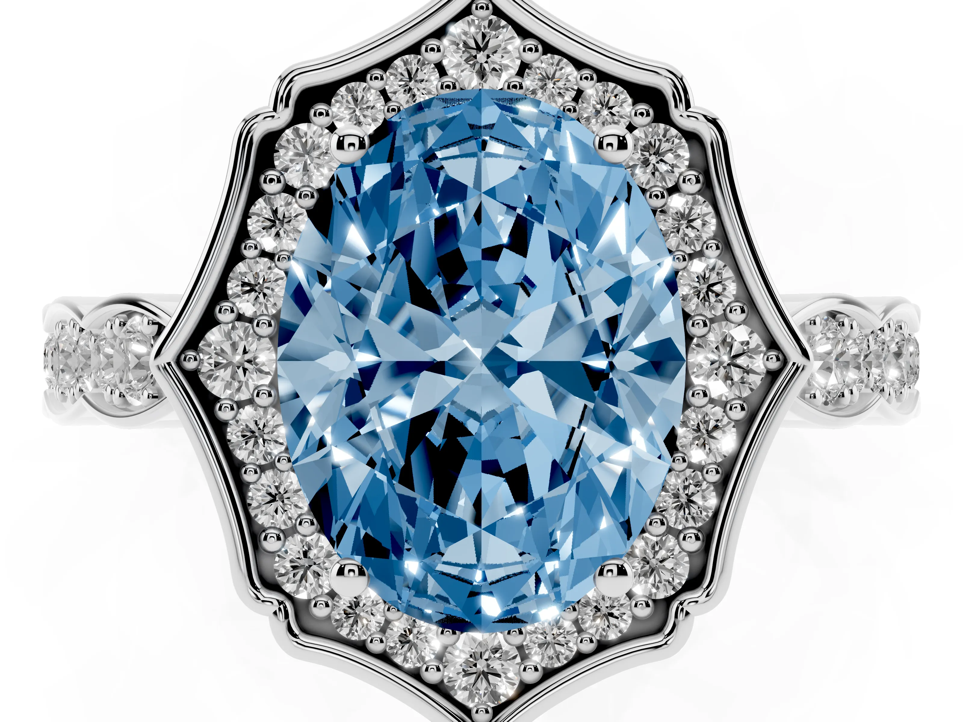 Fancy Blue Oval Cut Diamond Halo Engagement Ring Set in White gold with Milgrain Band and Prong Setting