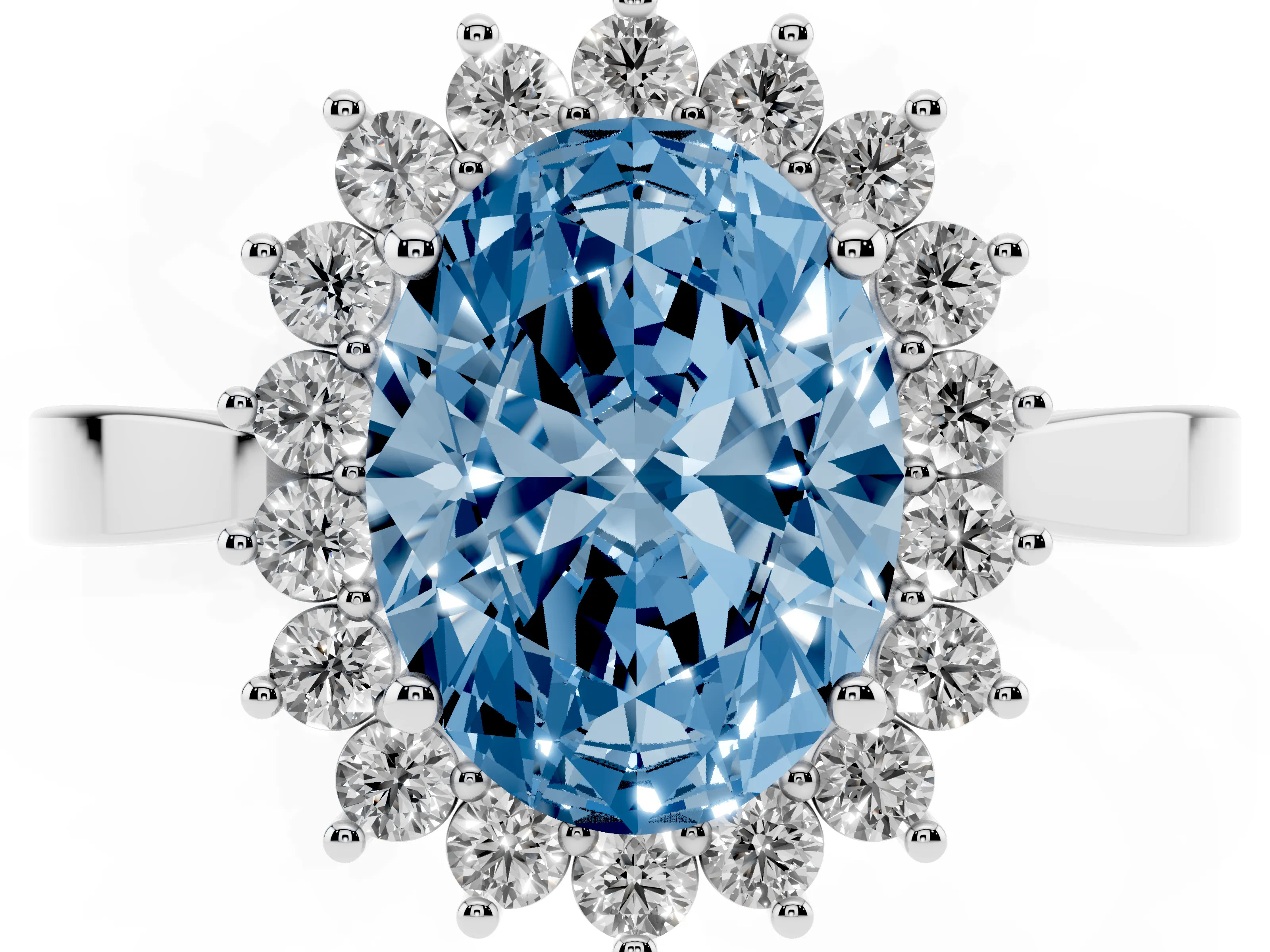 Fancy Blue Oval Cut Diamond Halo Ring Set in White gold with Round Halo and Smooth Solitaire Band