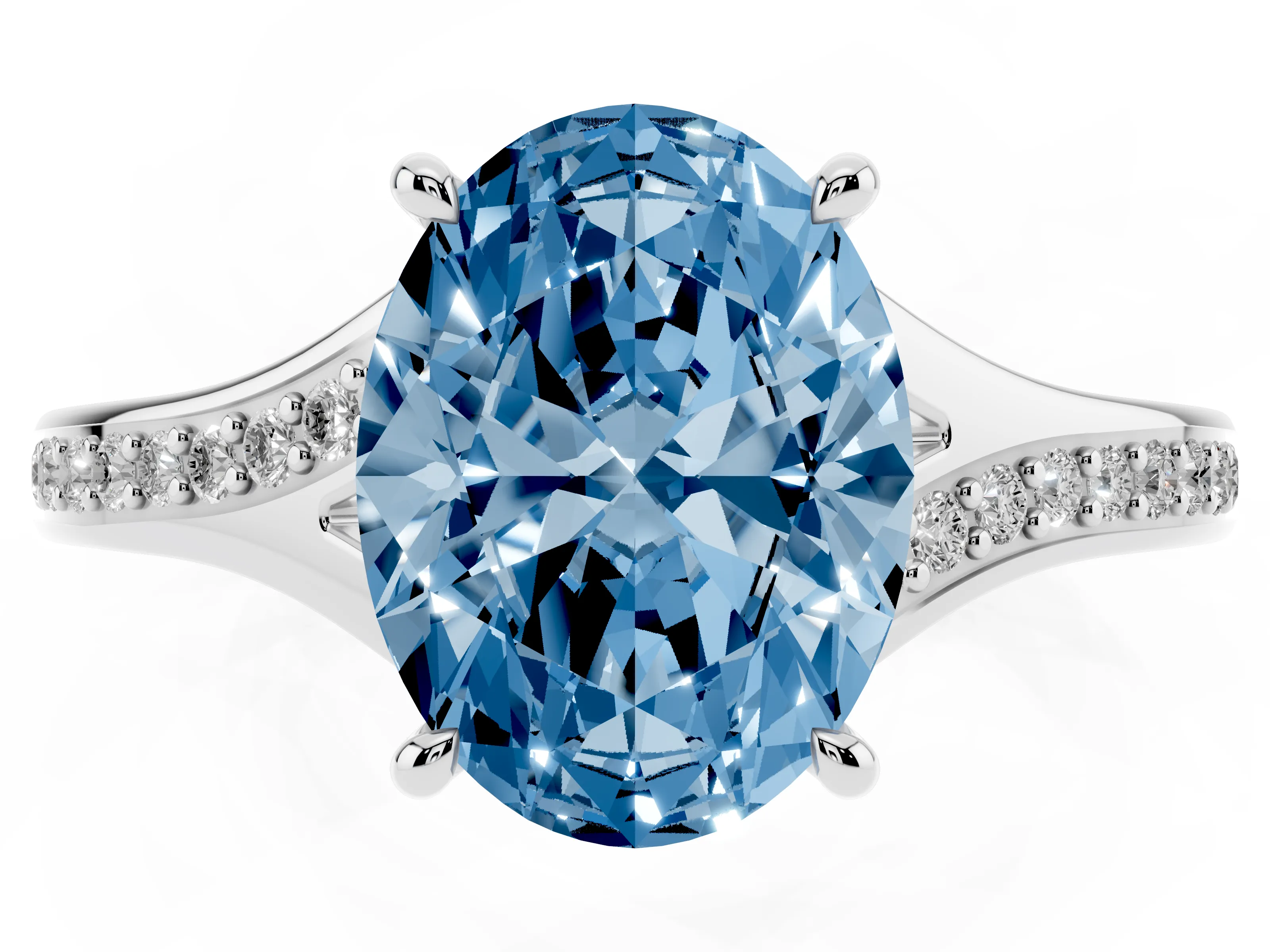 Fancy Blue Oval Cut Diamond Solitaire Ring Set in White gold with Pavé Accent Band and Classic Prong Setting