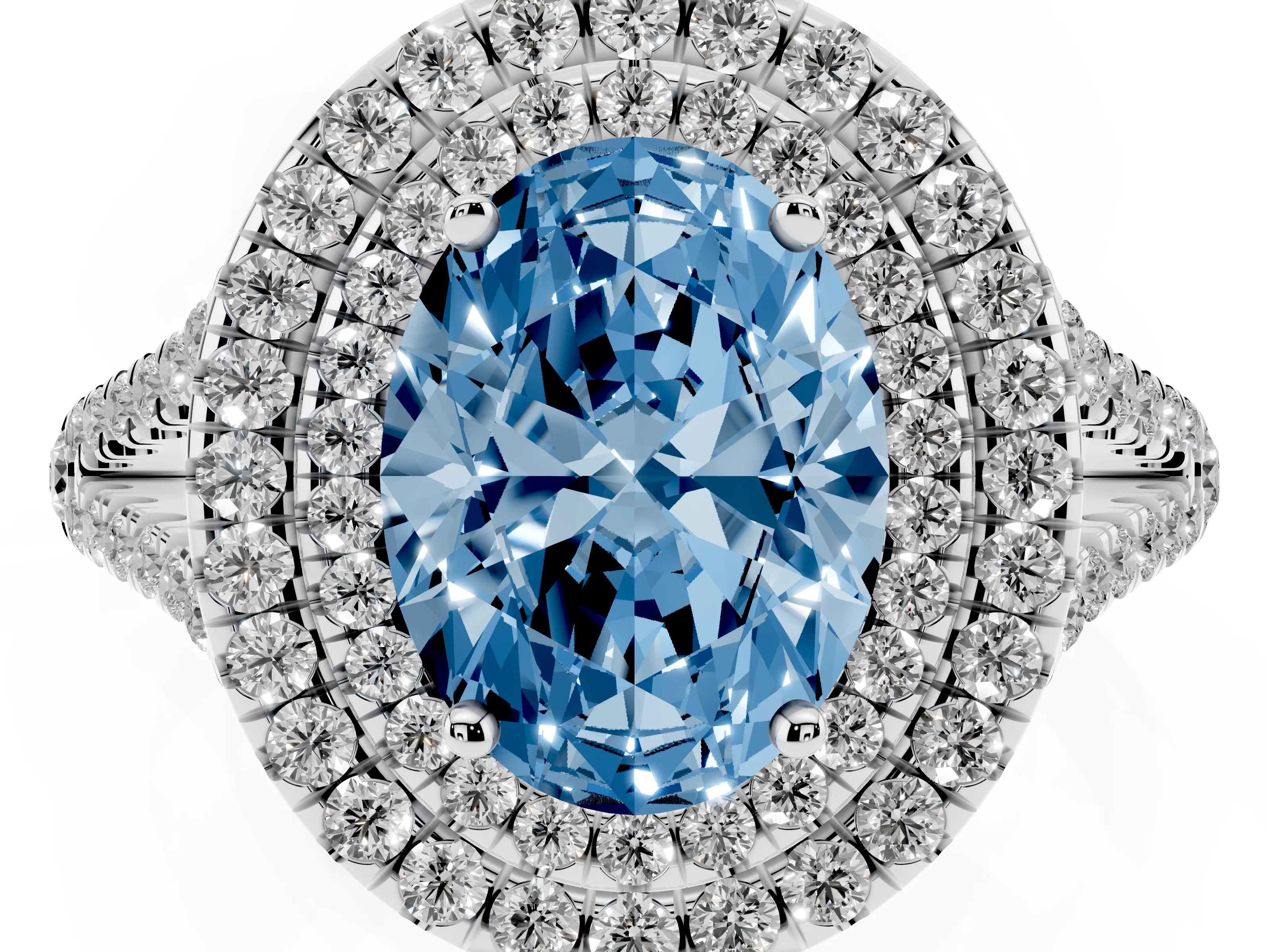 Fancy Blue Oval Cut Diamond Double Halo Ring Set in Platinum with Pavé Band