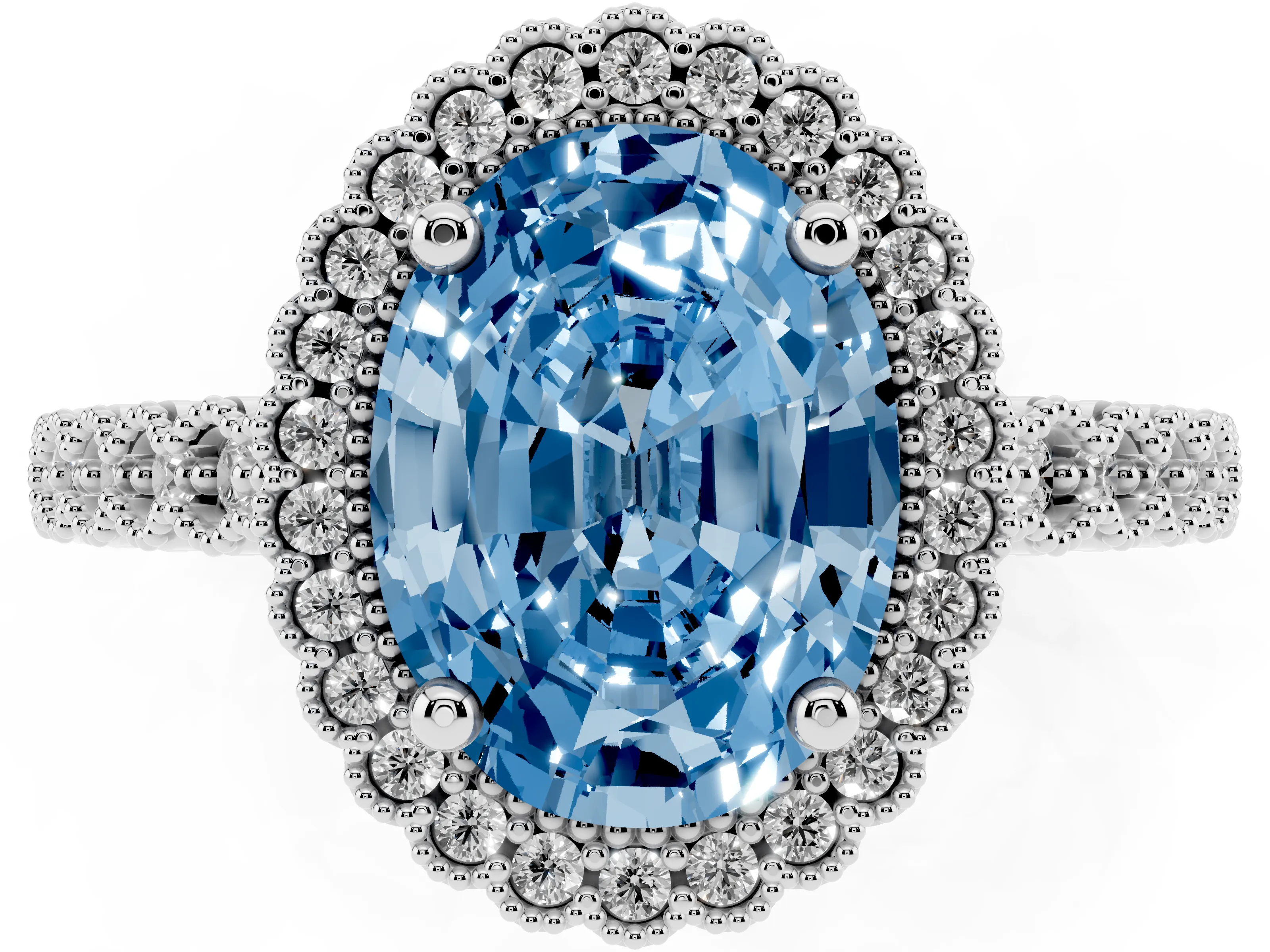 Fancy Blue Oval Cut Diamond Halo Ring Set in Platinum with Pavé Milgrain Band