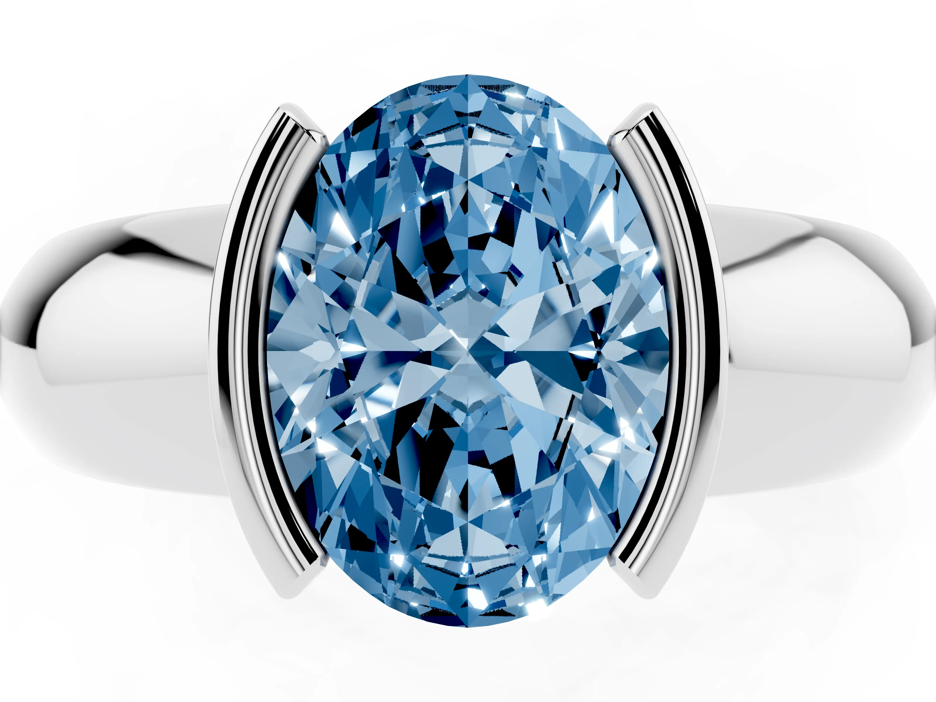 Fancy Blue Oval Cut Diamond Solitaire Tension Set Ring Set in Platinum with Wide Band