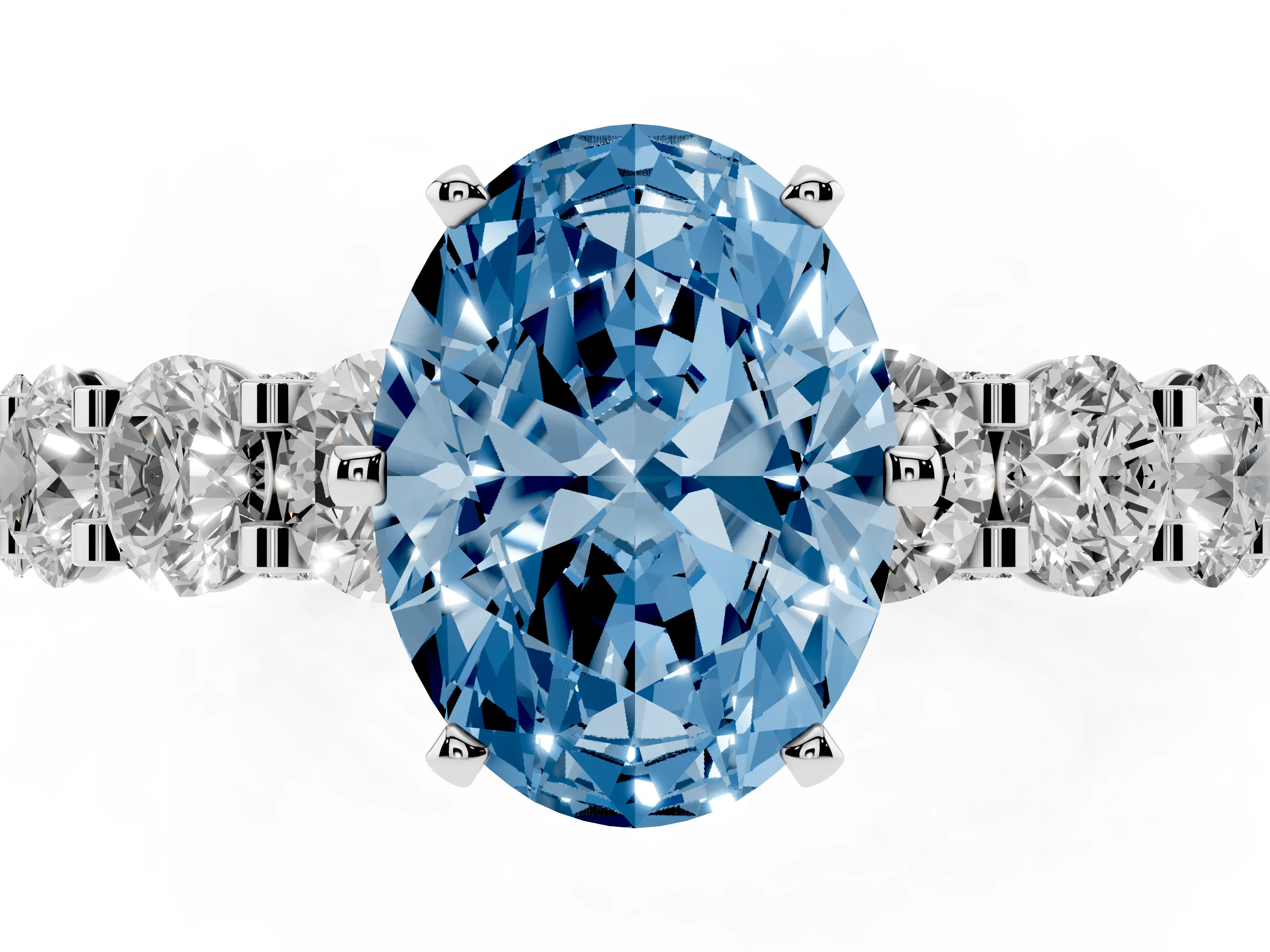 Fancy Blue Oval Cut Diamond Side Stone Ring Set in White gold with Alternating Round and Oval Side Stones