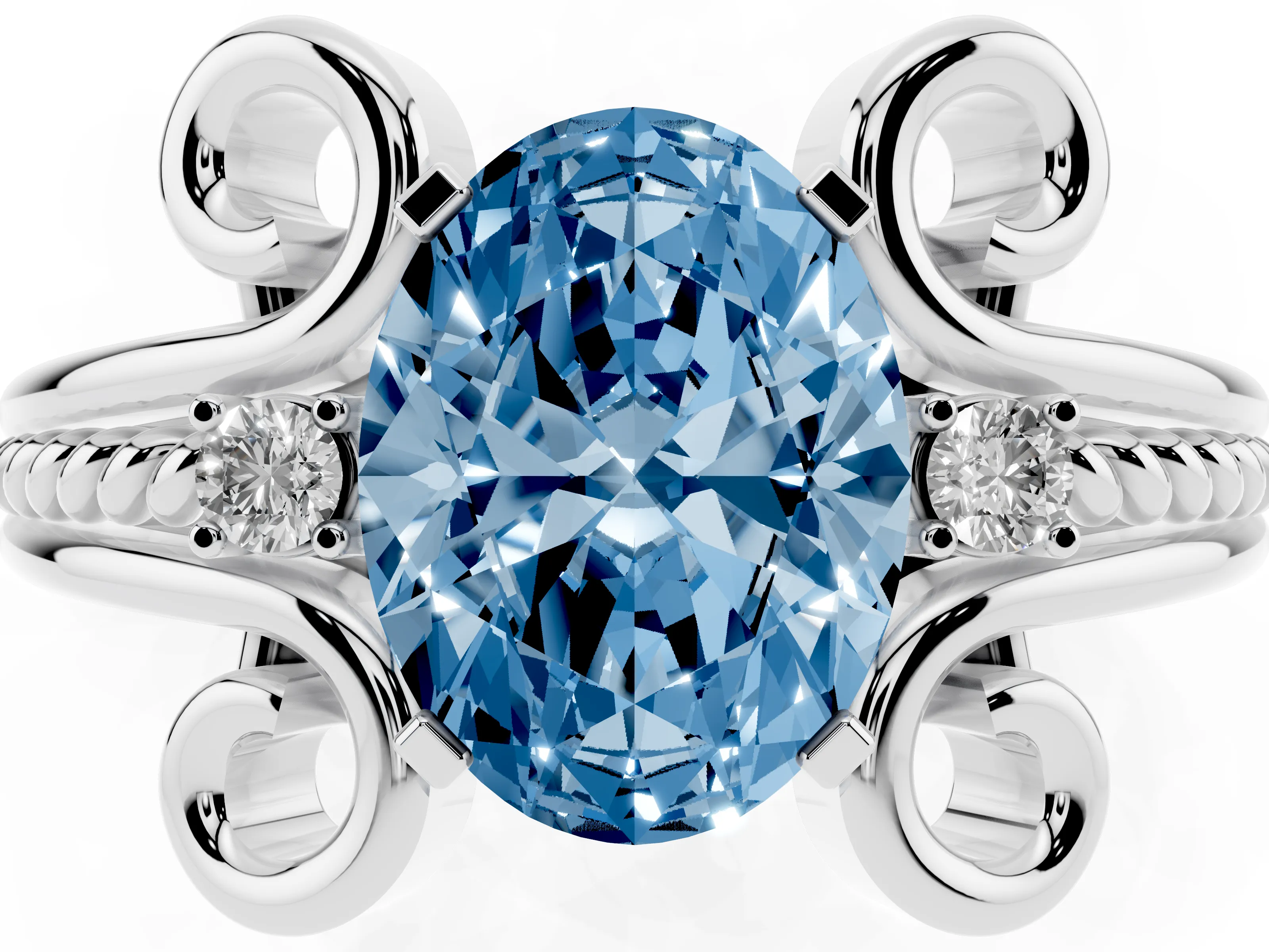 Fancy Blue Oval Cut Diamond Twisted Band Solitaire Ring Set in Silver with Scroll Prongs