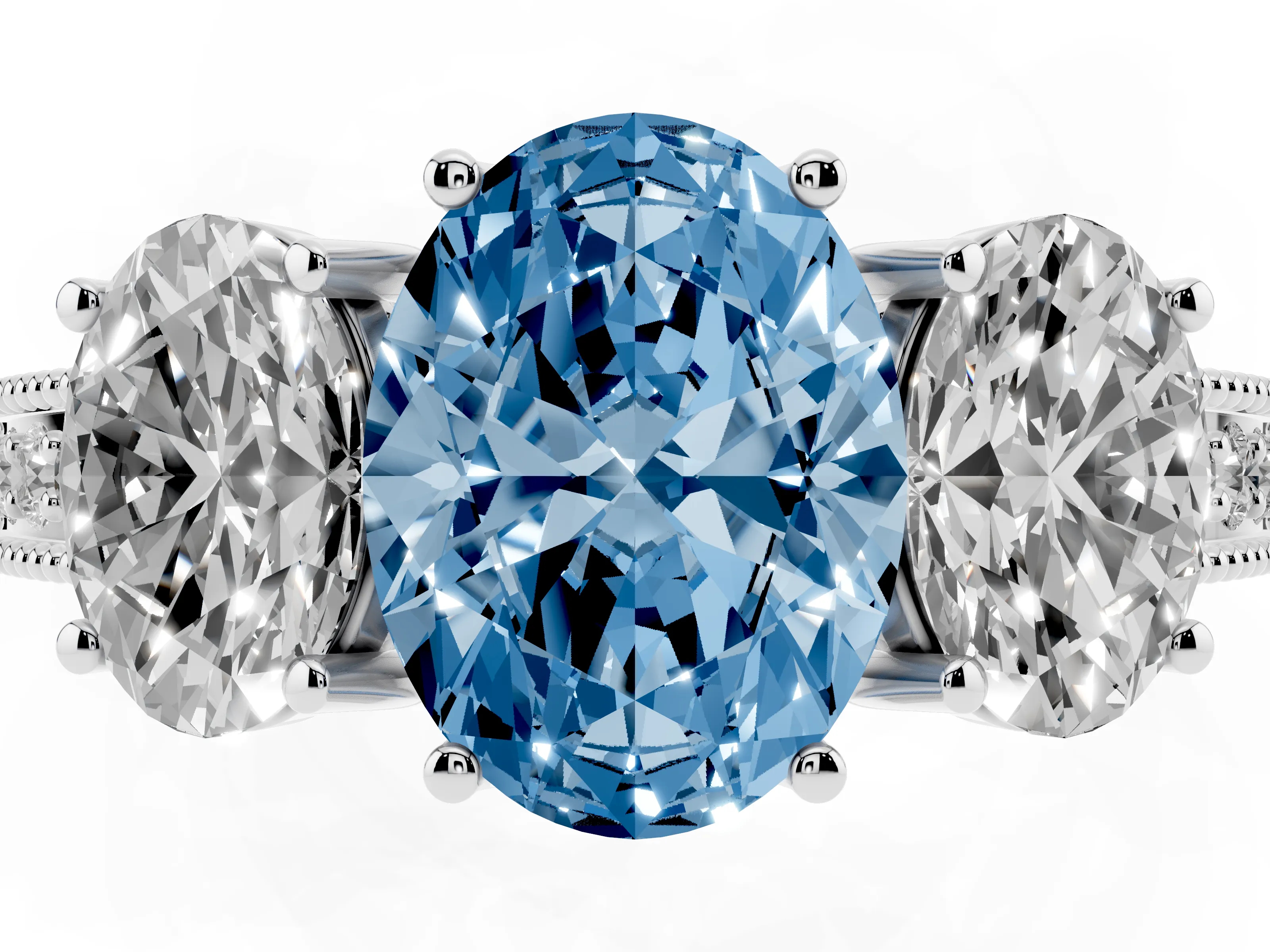 Fancy Blue Oval Cut Diamond Three-Stone Engagement Ring Set in White gold with Milgrain Pavé Band