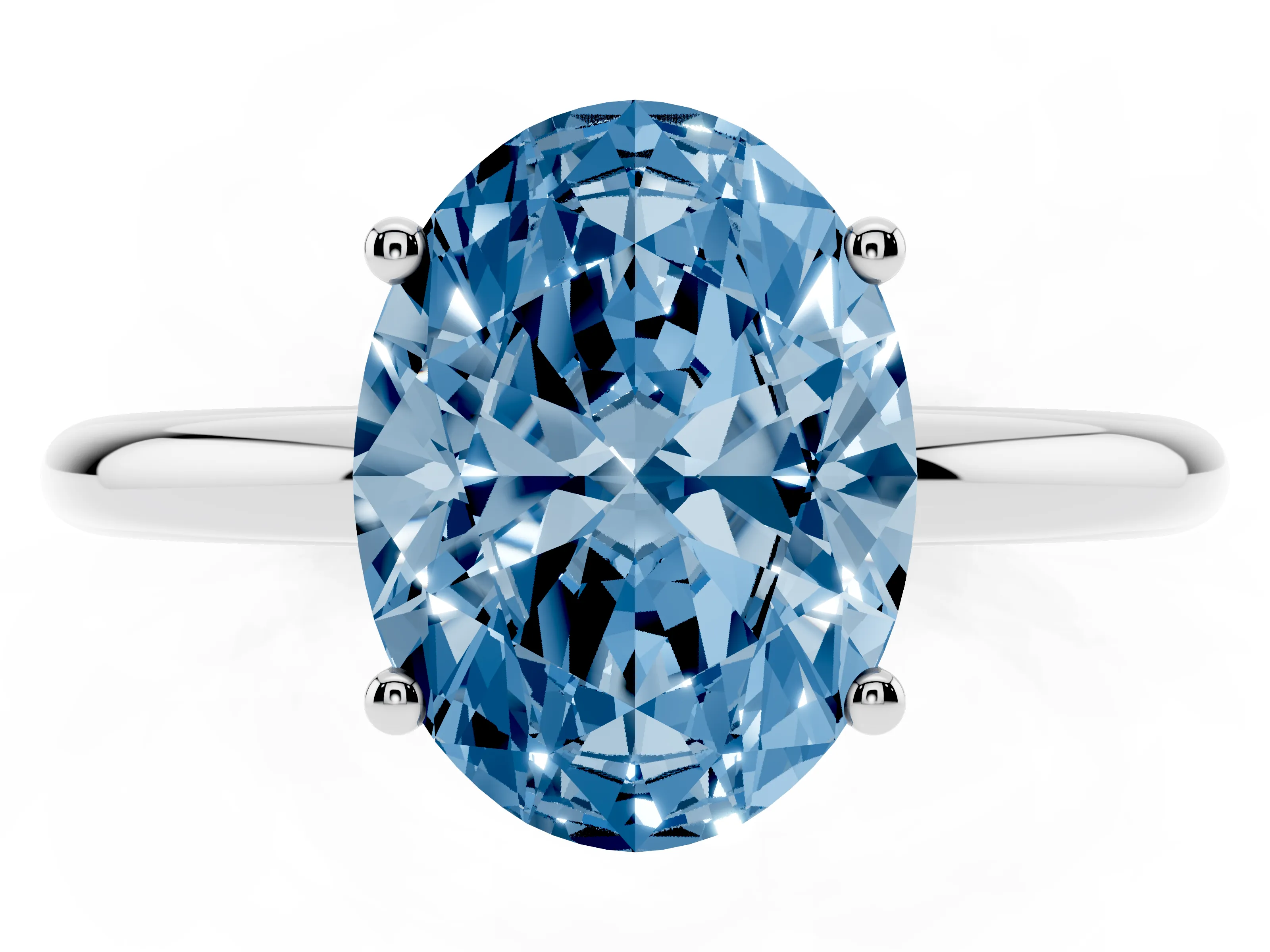 Fancy Blue Oval Cut Diamond Solitaire Engagement Ring Set in Silver with Prong Setting and Polished Band