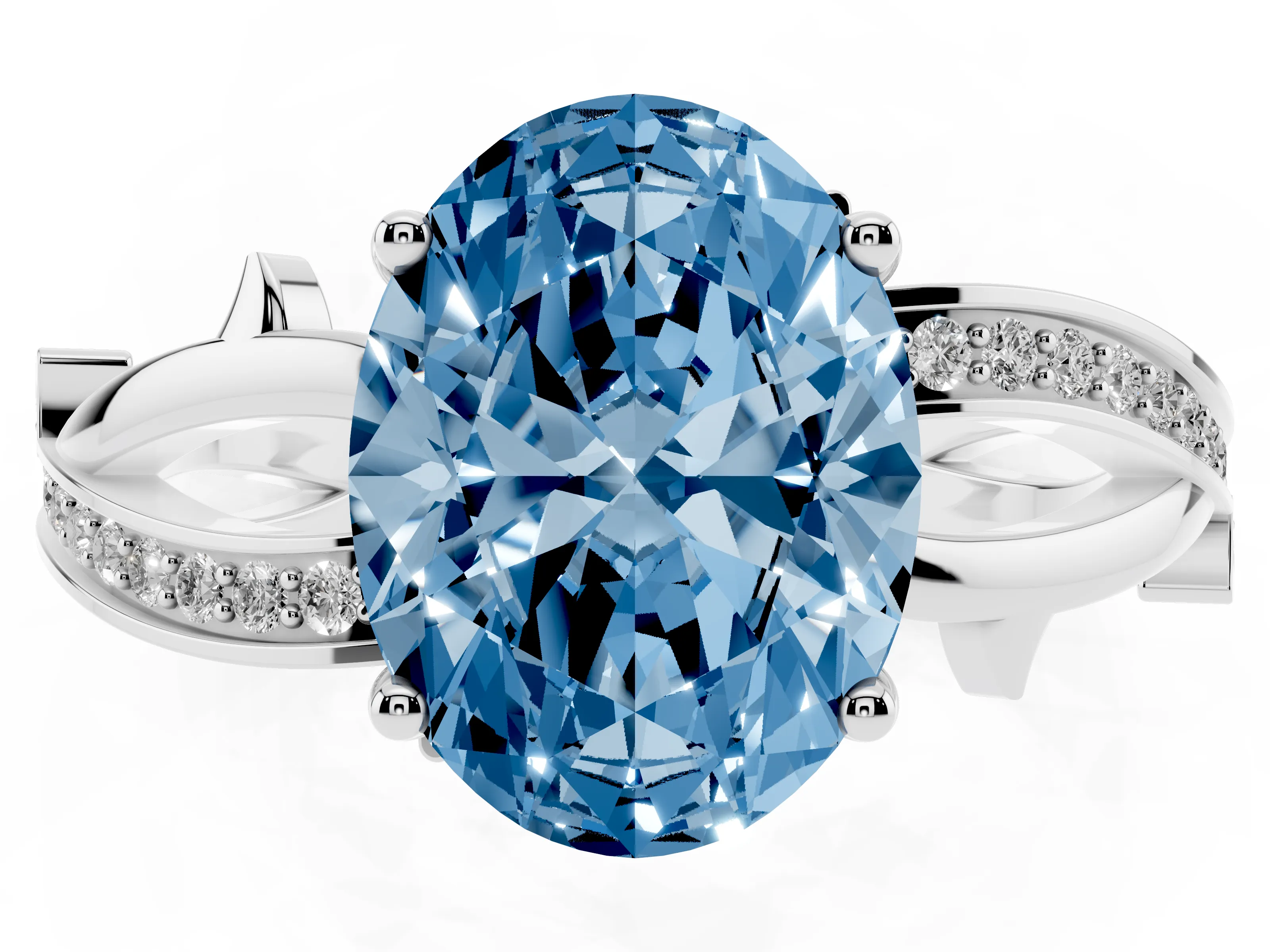Fancy Blue Oval Cut Diamond Pavé Twist Band Solitaire Ring Set in White gold with Prong Setting